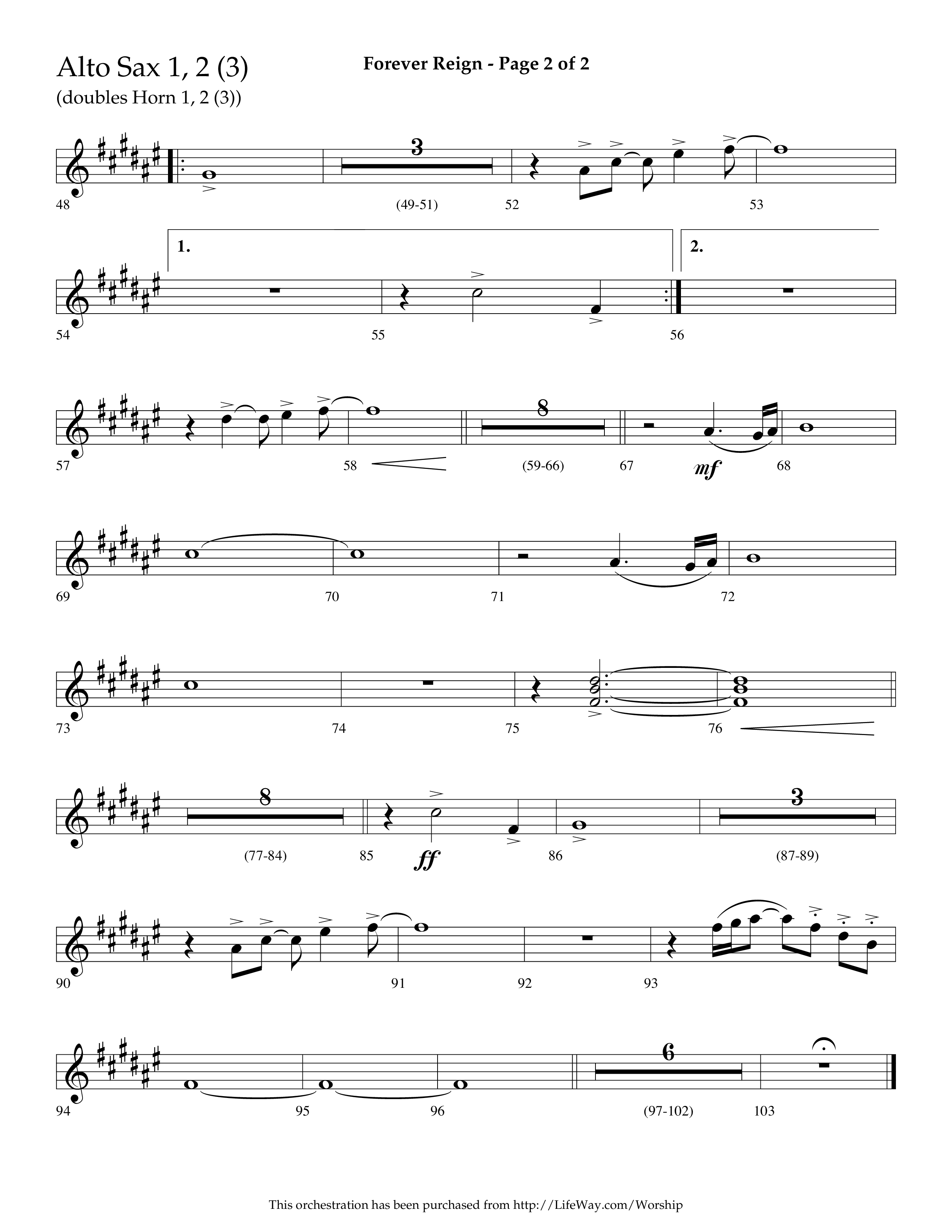 Forever Reign (Choral Anthem SATB) Alto Sax 1/2 (Lifeway Choral / Arr. Dave Williamson)