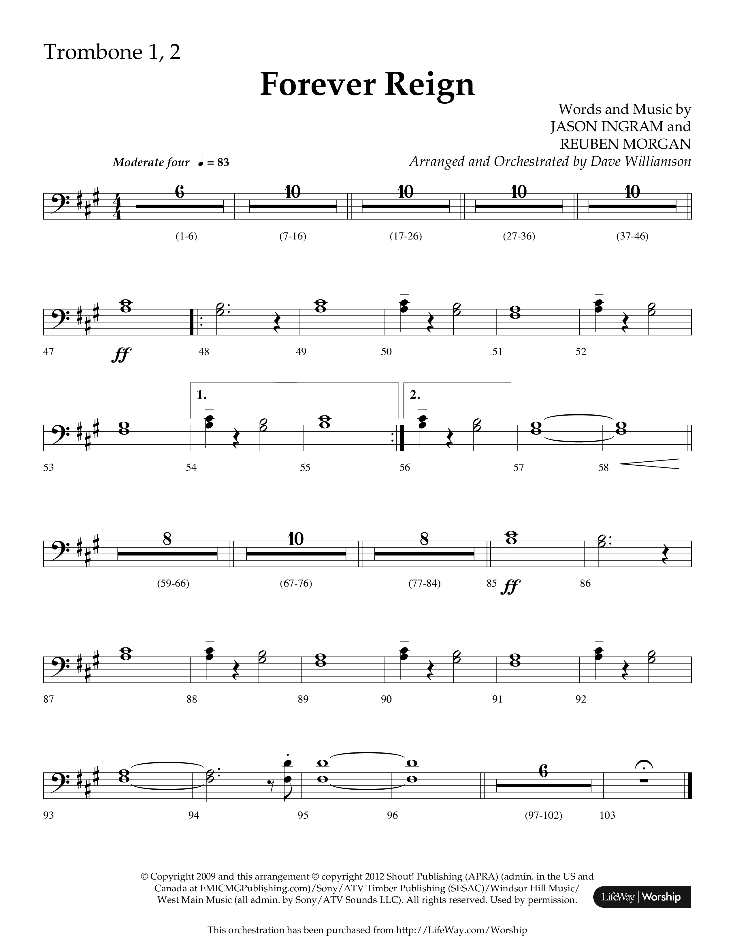 Forever Reign (Choral Anthem SATB) Trombone 1/2 (Lifeway Choral / Arr. Dave Williamson)