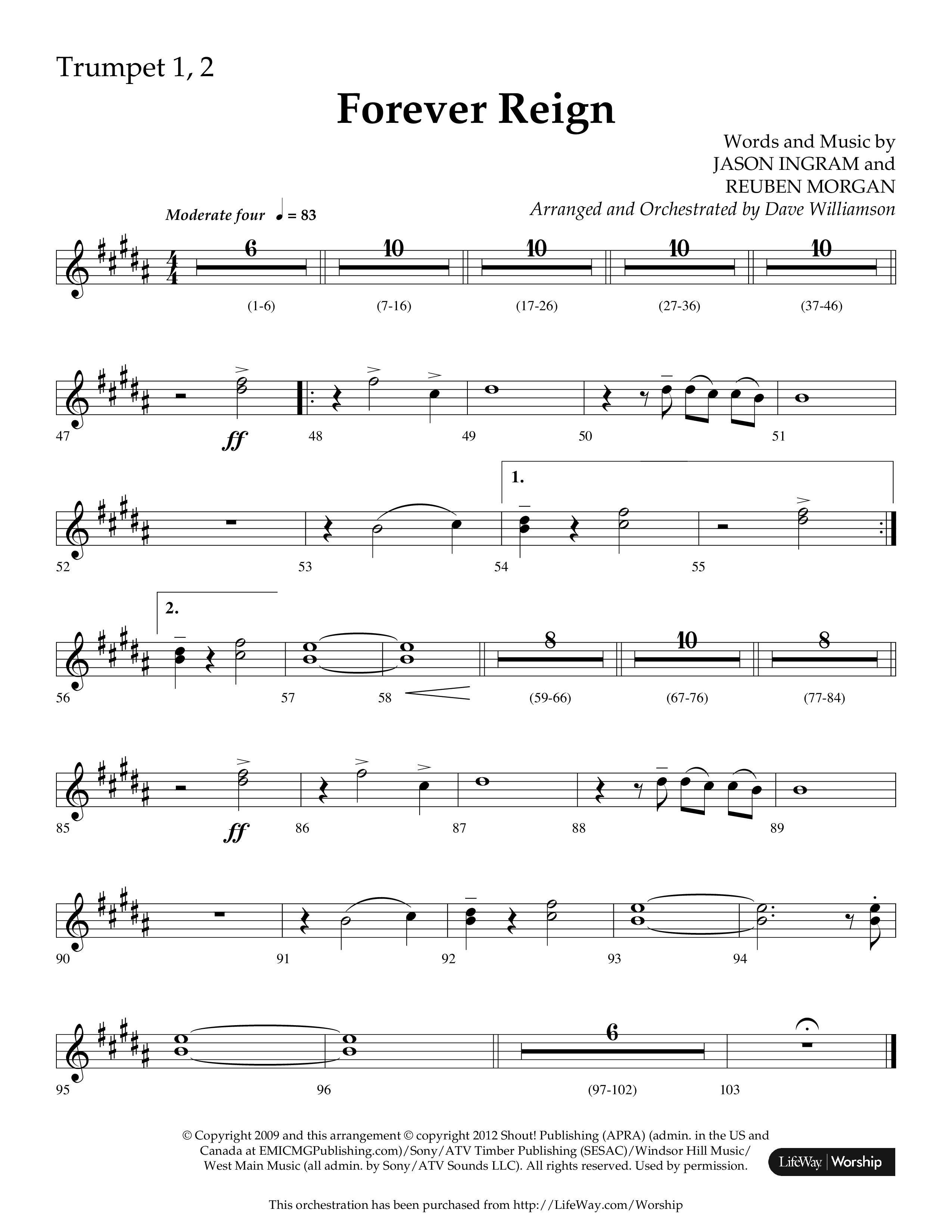 Forever Reign (Choral Anthem SATB) Trumpet 1,2 (Lifeway Choral / Arr. Dave Williamson)