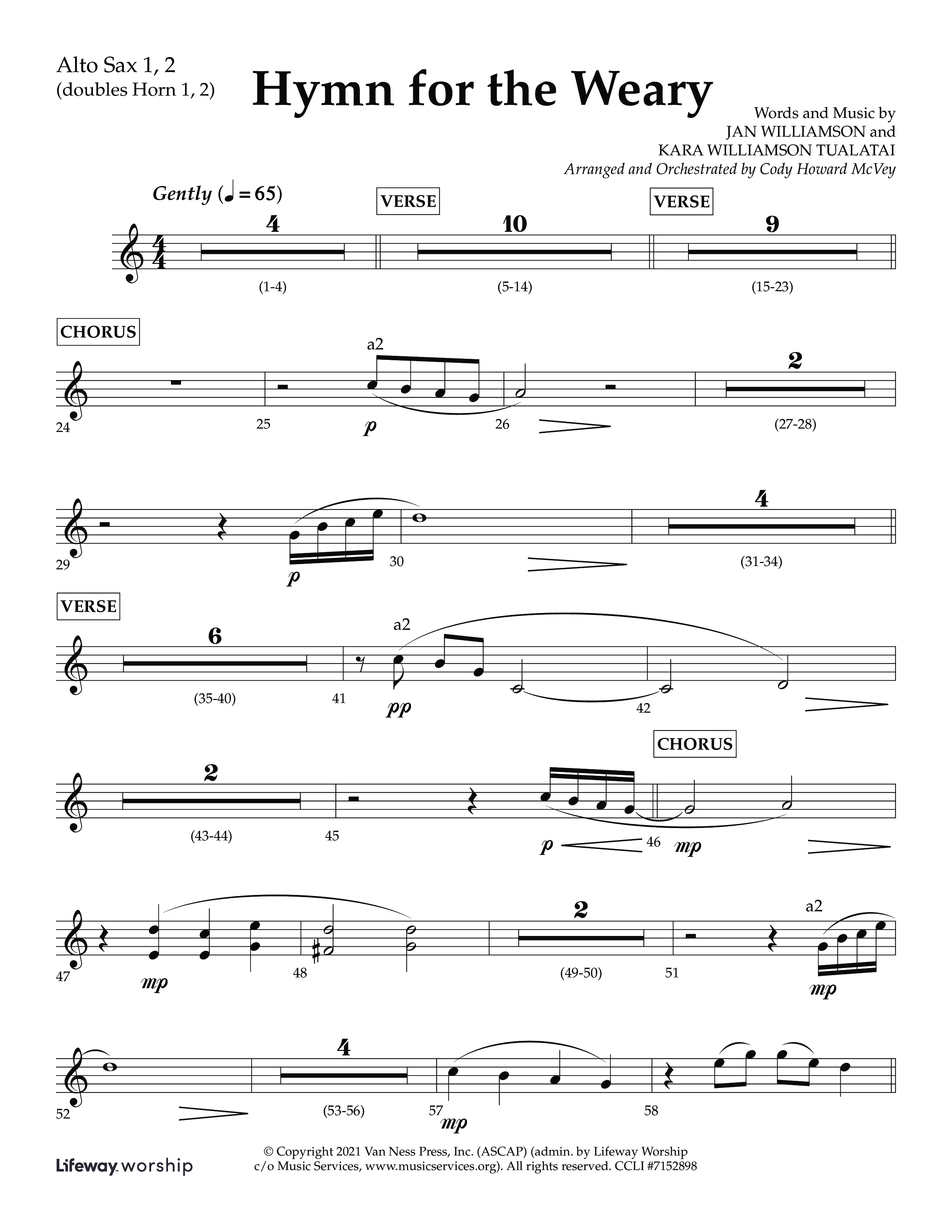 Hymn For The Weary (Choral Anthem SATB) Alto Sax 1/2 (Lifeway Choral / Arr. Cody McVey)