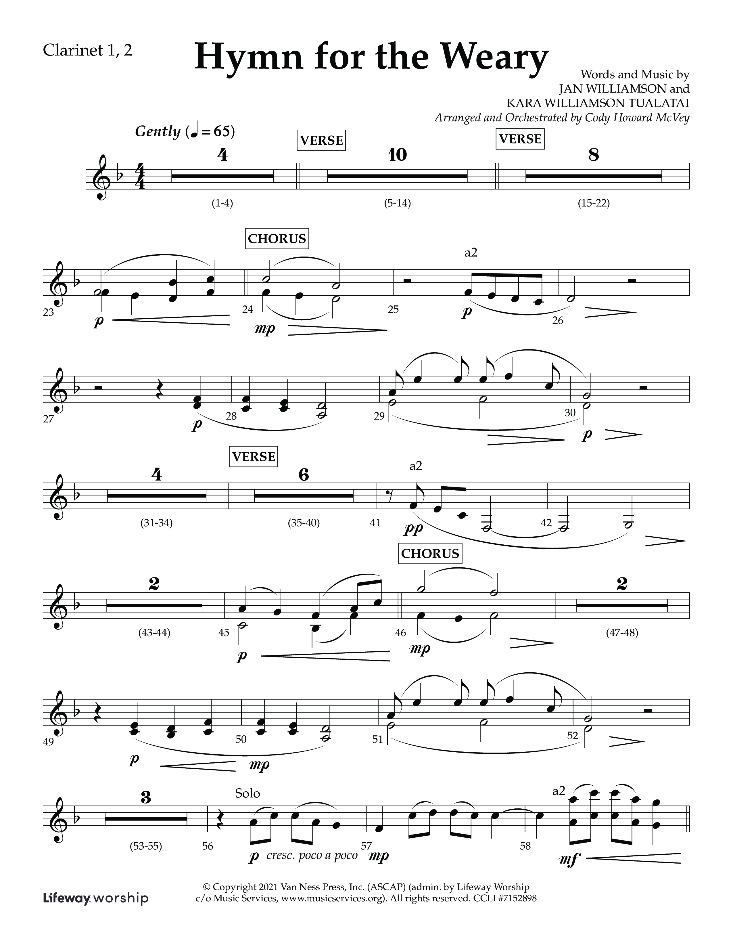 Hymn For The Weary (Choral Anthem SATB) Clarinet 1/2 (Lifeway Choral / Arr. Cody McVey)