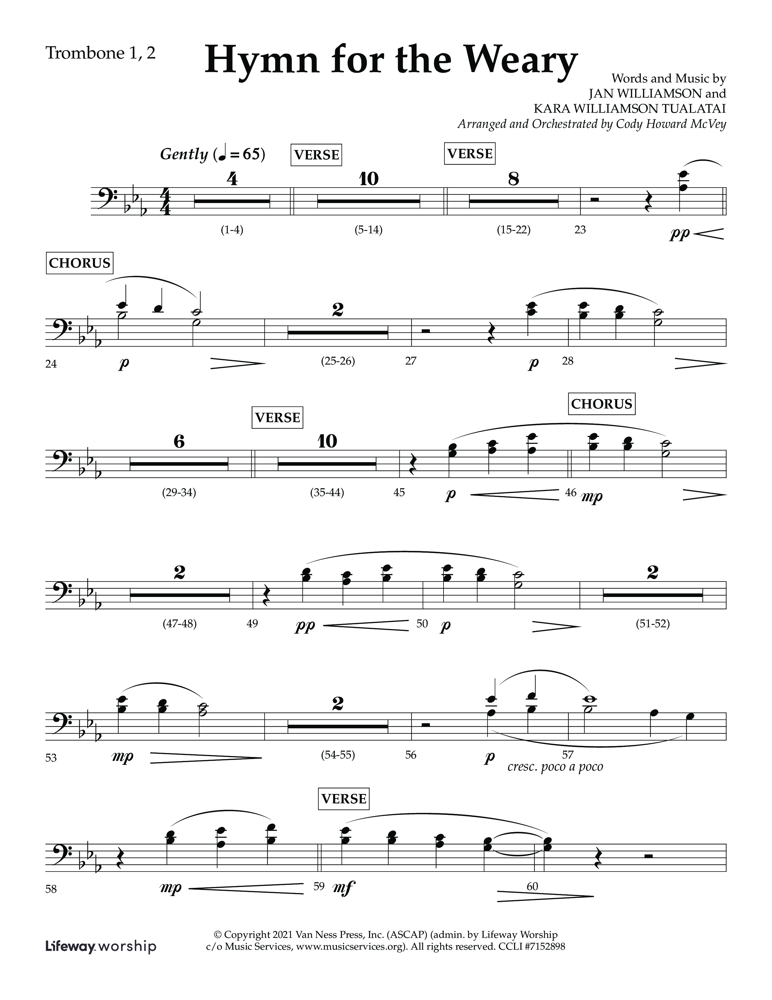 Hymn For The Weary (Choral Anthem SATB) Trombone 1/2 (Lifeway Choral / Arr. Cody McVey)