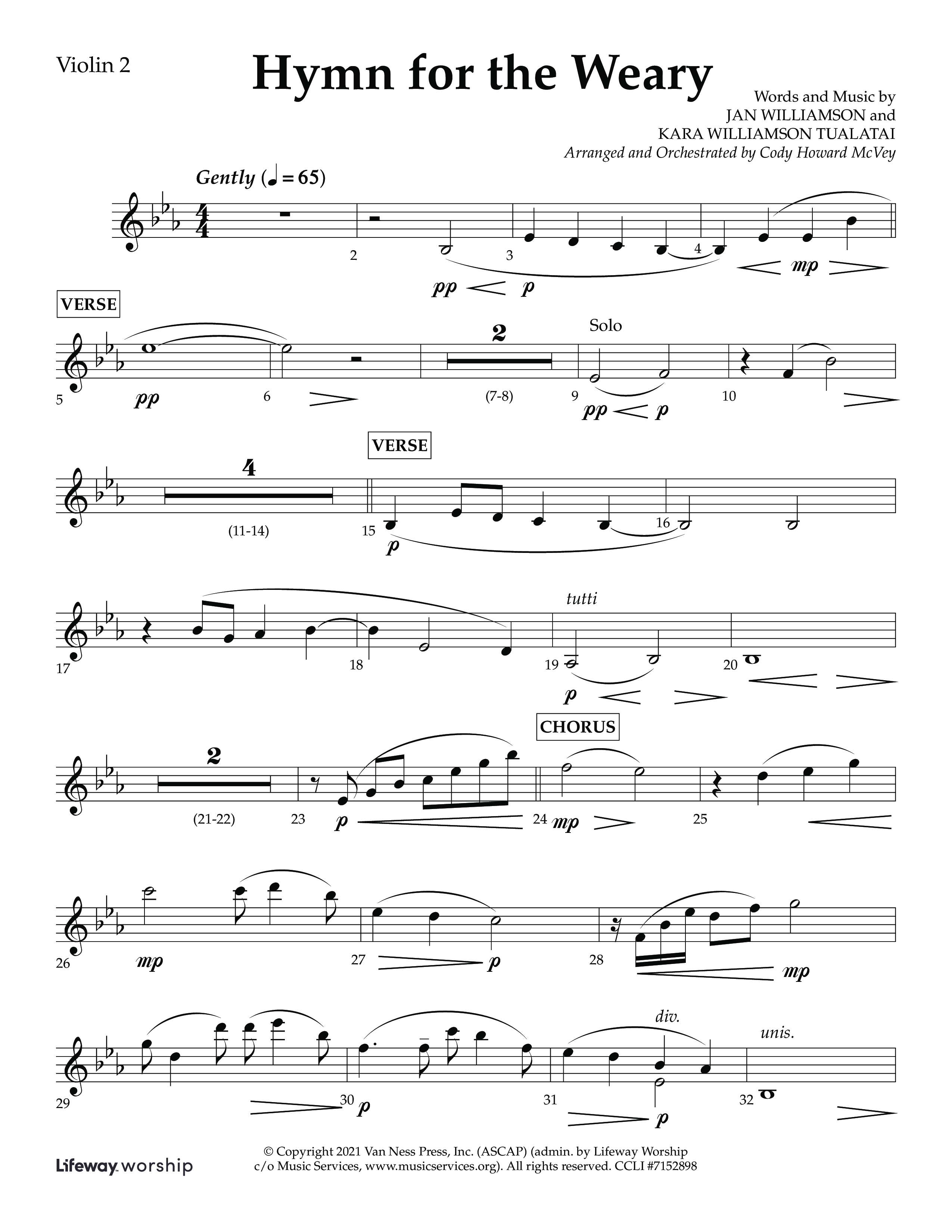 Hymn For The Weary (Choral Anthem SATB) Violin 2 (Lifeway Choral / Arr. Cody McVey)