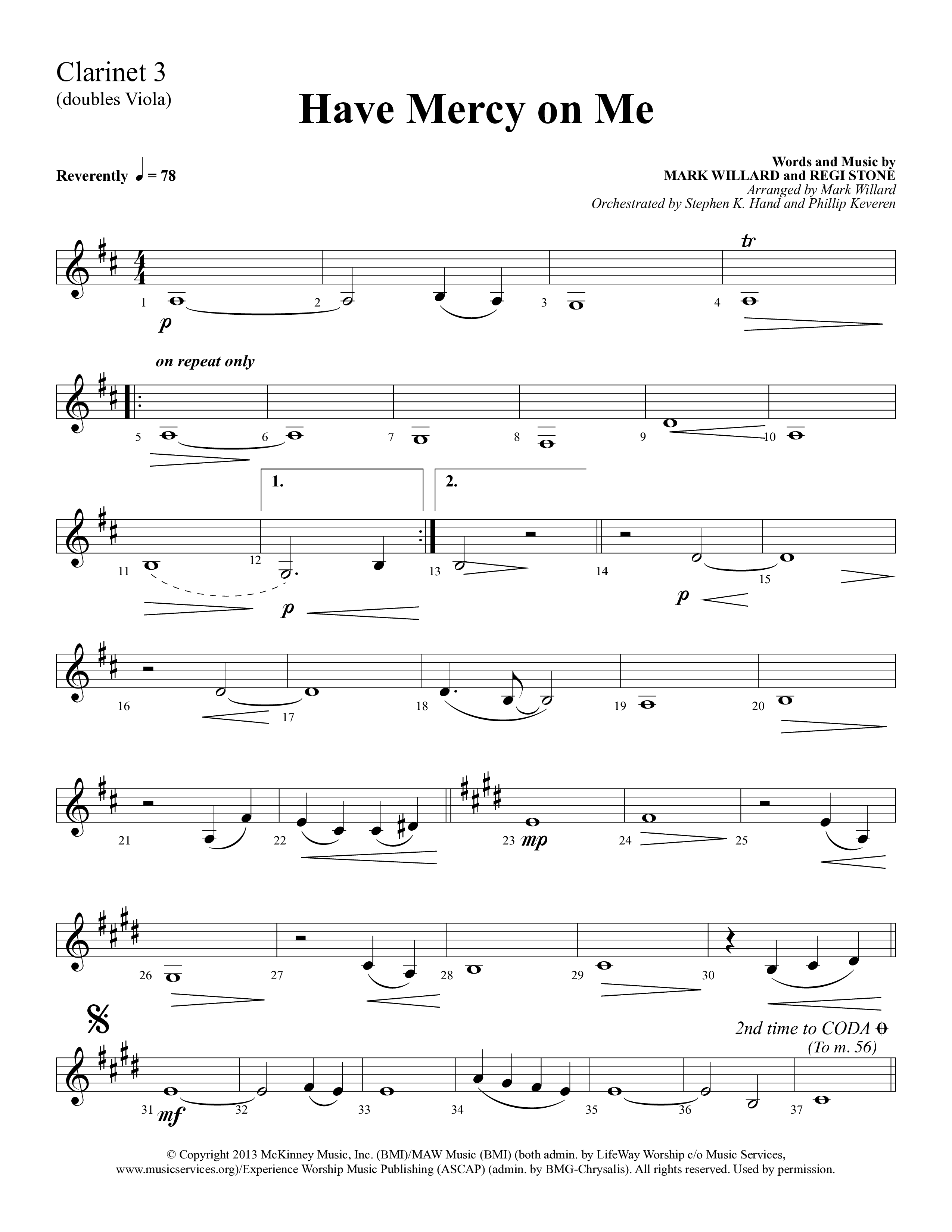 Have Mercy On Me (Choral Anthem SATB) Clarinet 3 (Lifeway Choral / Arr. Phillip Keveren / Orch. Stephen K. Hand)