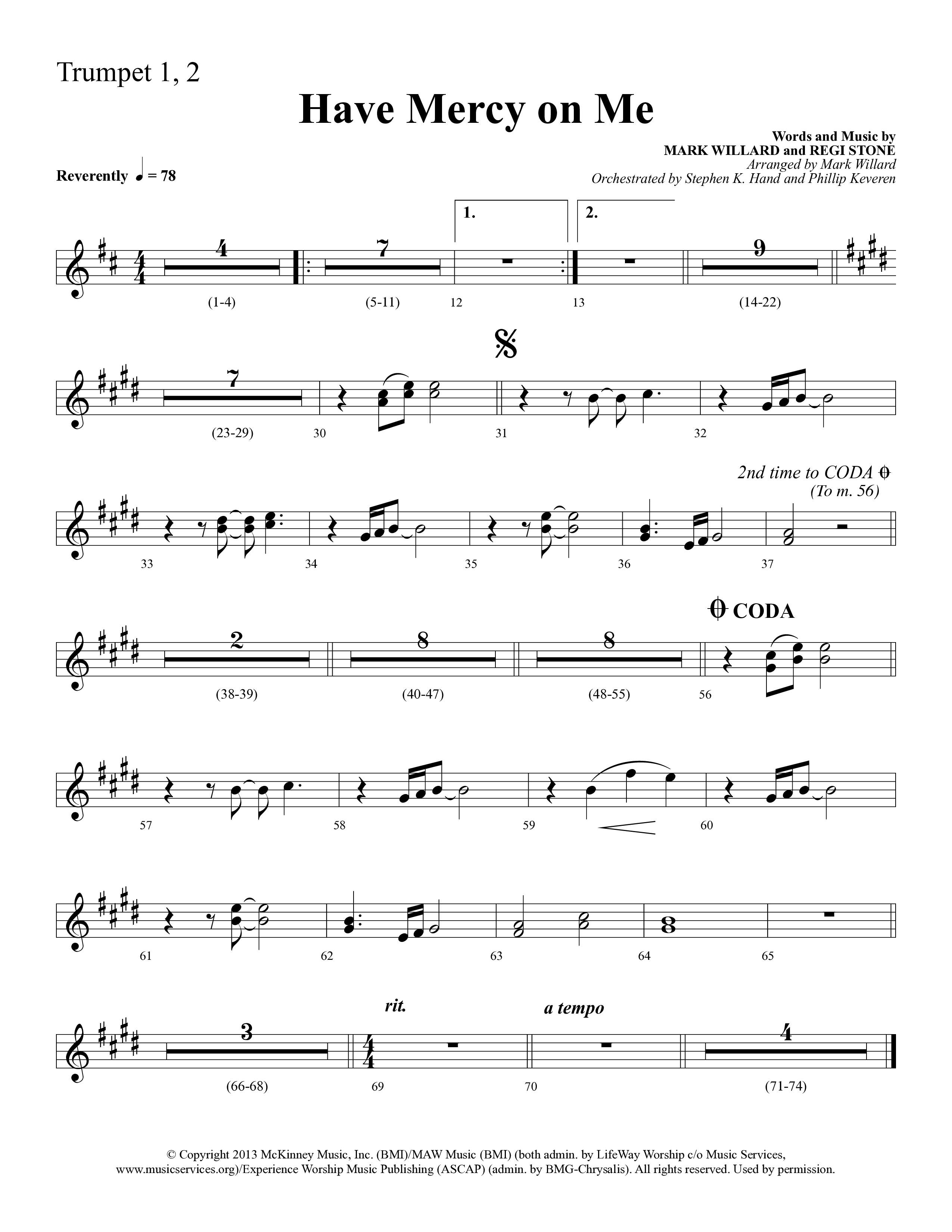 Have Mercy On Me (Choral Anthem SATB) Trumpet 1,2 (Lifeway Choral / Arr. Phillip Keveren / Orch. Stephen K. Hand)