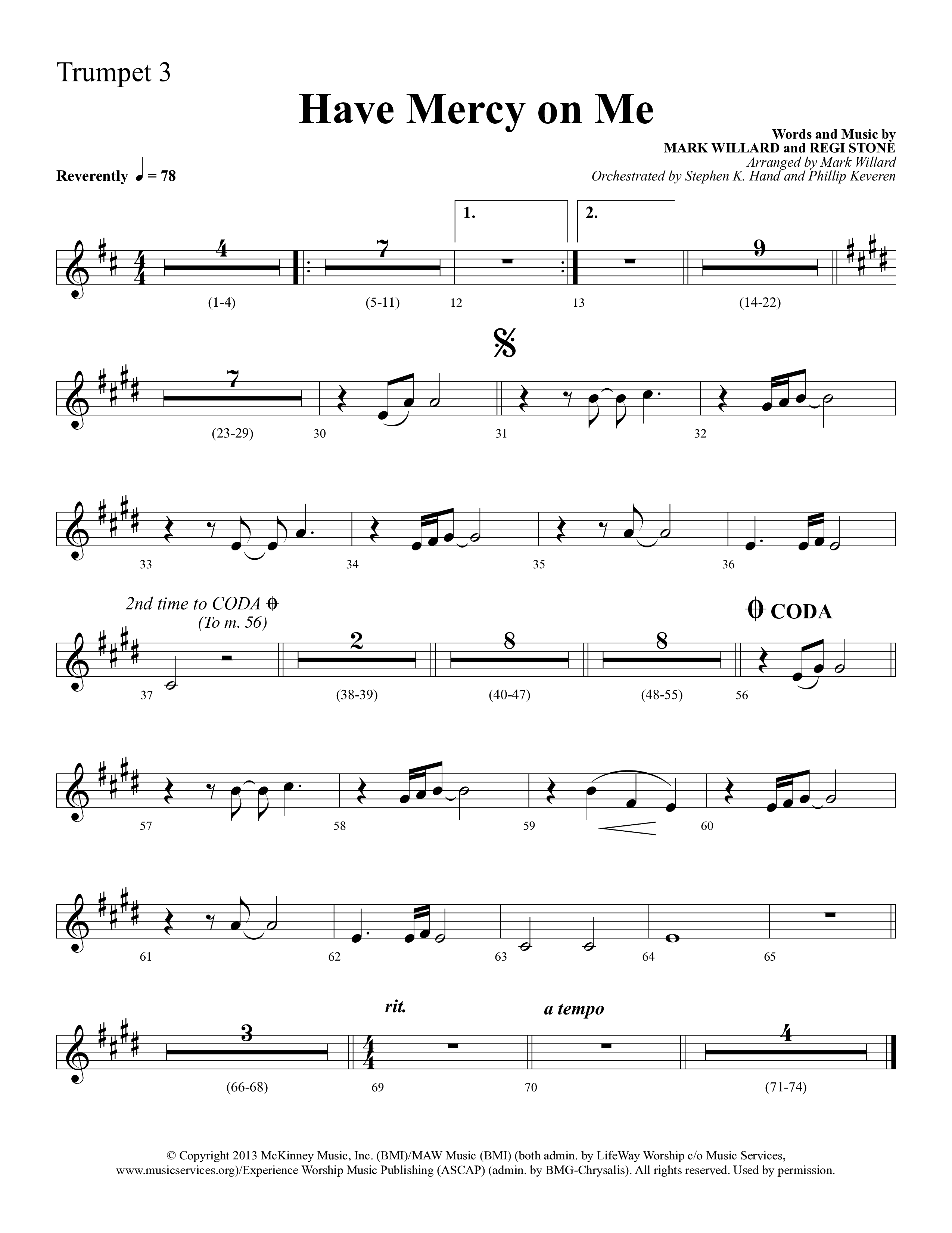 Have Mercy On Me (Choral Anthem SATB) Trumpet 3 (Lifeway Choral / Arr. Phillip Keveren / Orch. Stephen K. Hand)