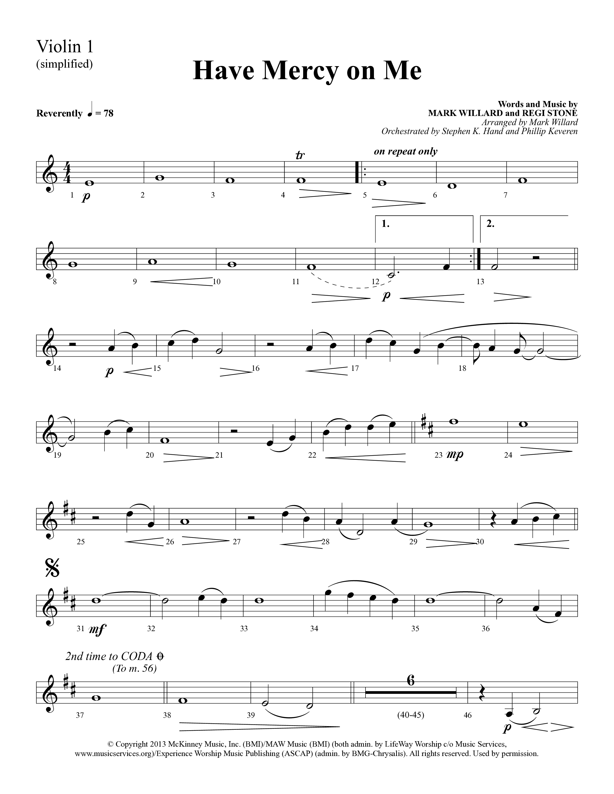 Have Mercy On Me (Choral Anthem SATB) Violin 1 (Lifeway Choral / Arr. Phillip Keveren / Orch. Stephen K. Hand)