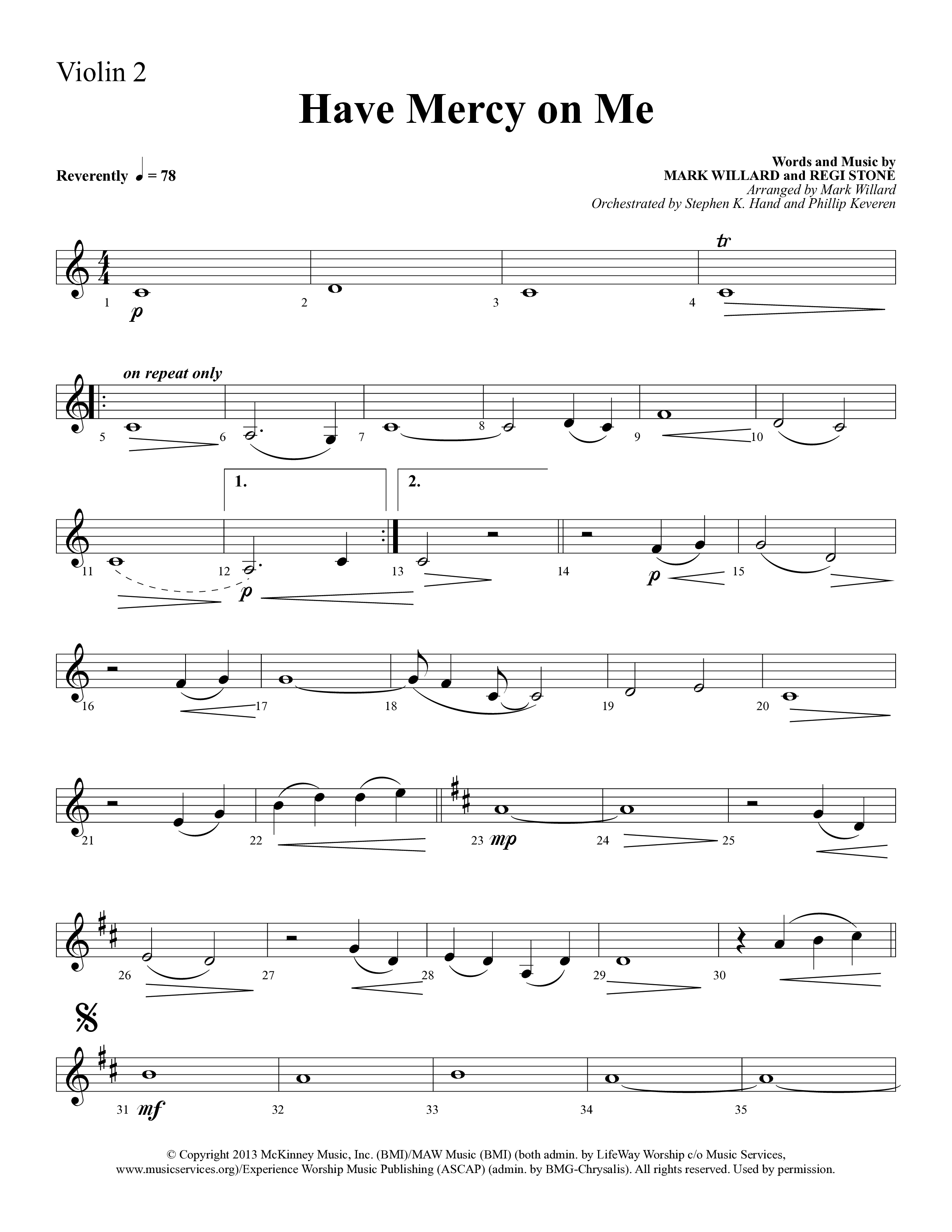 Have Mercy On Me (Choral Anthem SATB) Violin 2 (Lifeway Choral / Arr. Phillip Keveren / Orch. Stephen K. Hand)