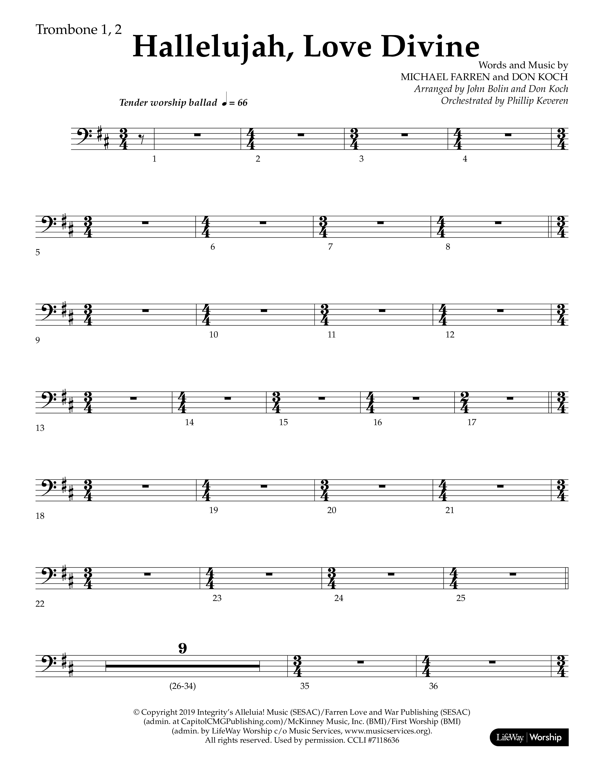 Hallelujah Love Divine (Choral Anthem SATB) Trombone 1/2 (Lifeway Choral / Arr. John Bolin / Arr. Don Koch / Orch. Phillip Keveren)