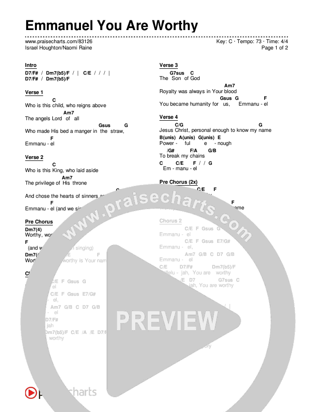 Emmanuel You Are Worthy Chords & Lyrics (Israel Houghton / Naomi Raine)