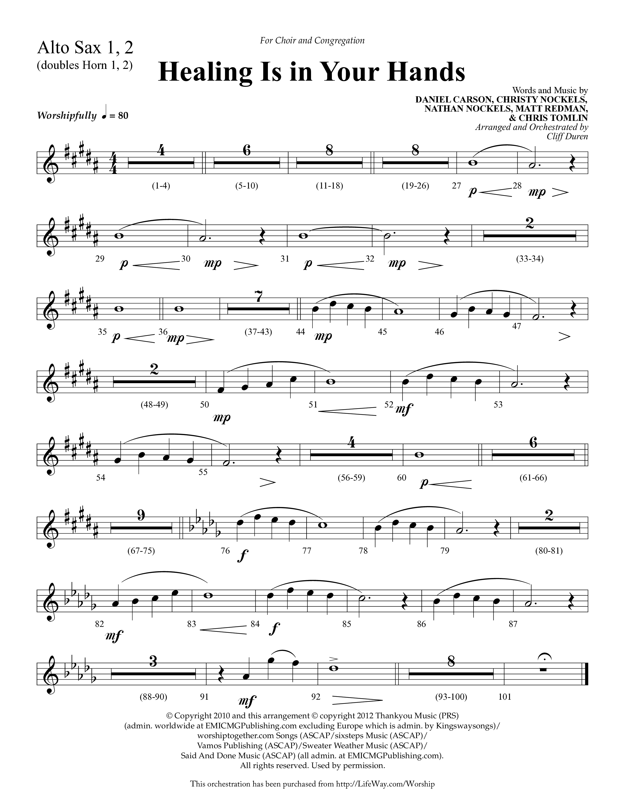 Healing Is In Your Hands (Choral Anthem SATB) Alto Sax 1/2 (Lifeway Choral / Arr. Cliff Duren)