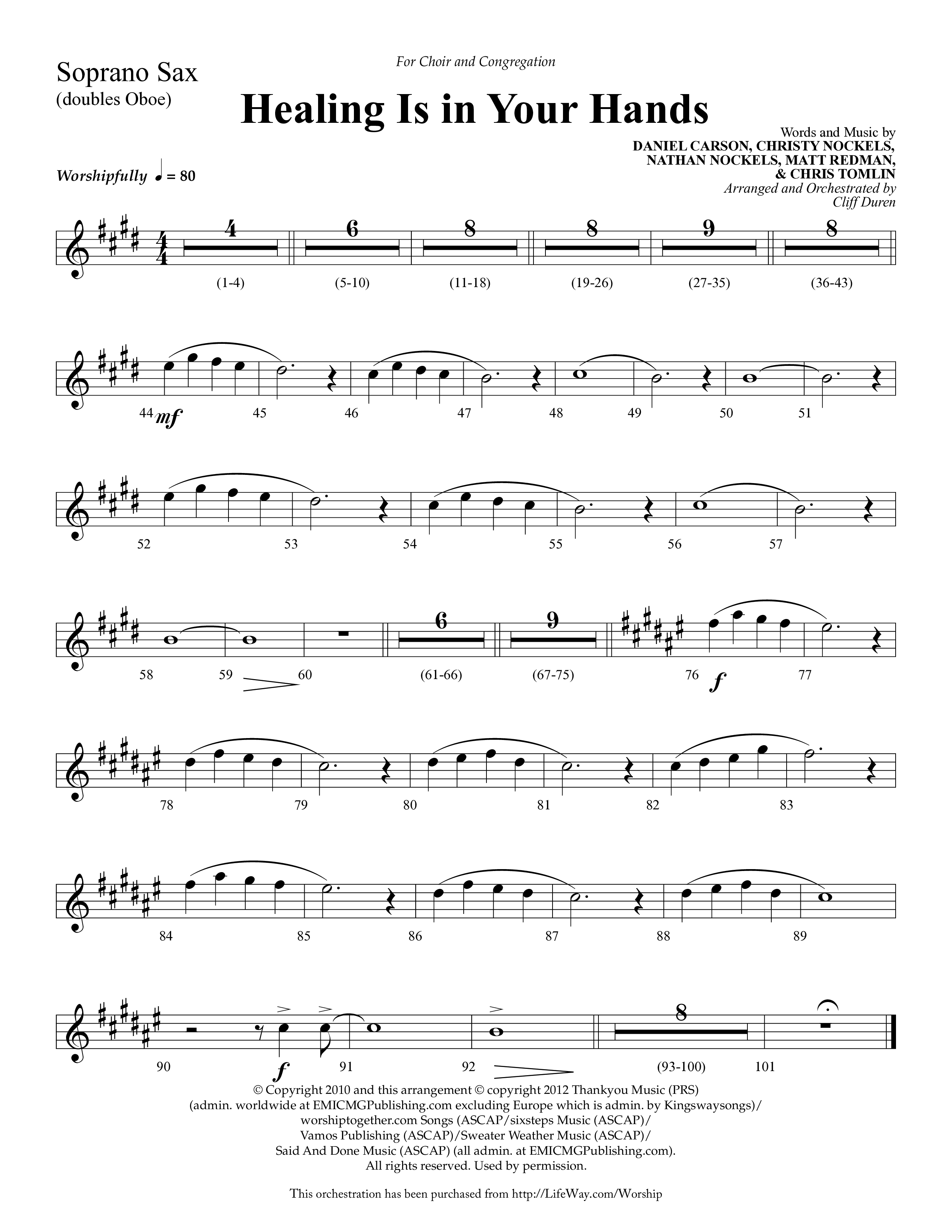 Healing Is In Your Hands (Choral Anthem SATB) Soprano Sax (Lifeway Choral / Arr. Cliff Duren)