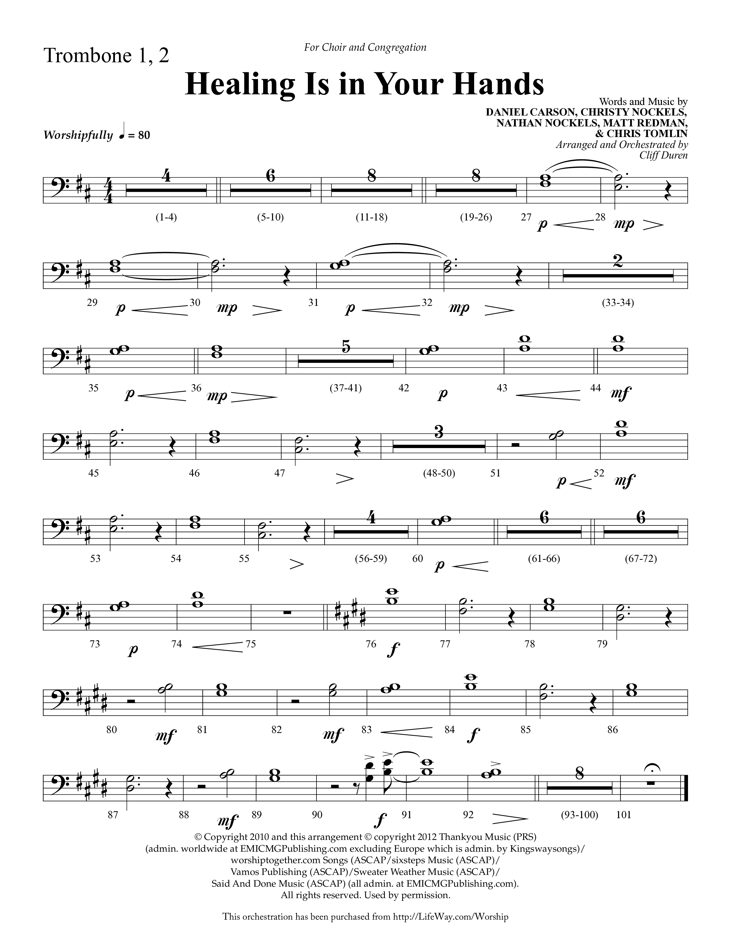 Healing Is In Your Hands (Choral Anthem SATB) Trombone 1/2 (Lifeway Choral / Arr. Cliff Duren)