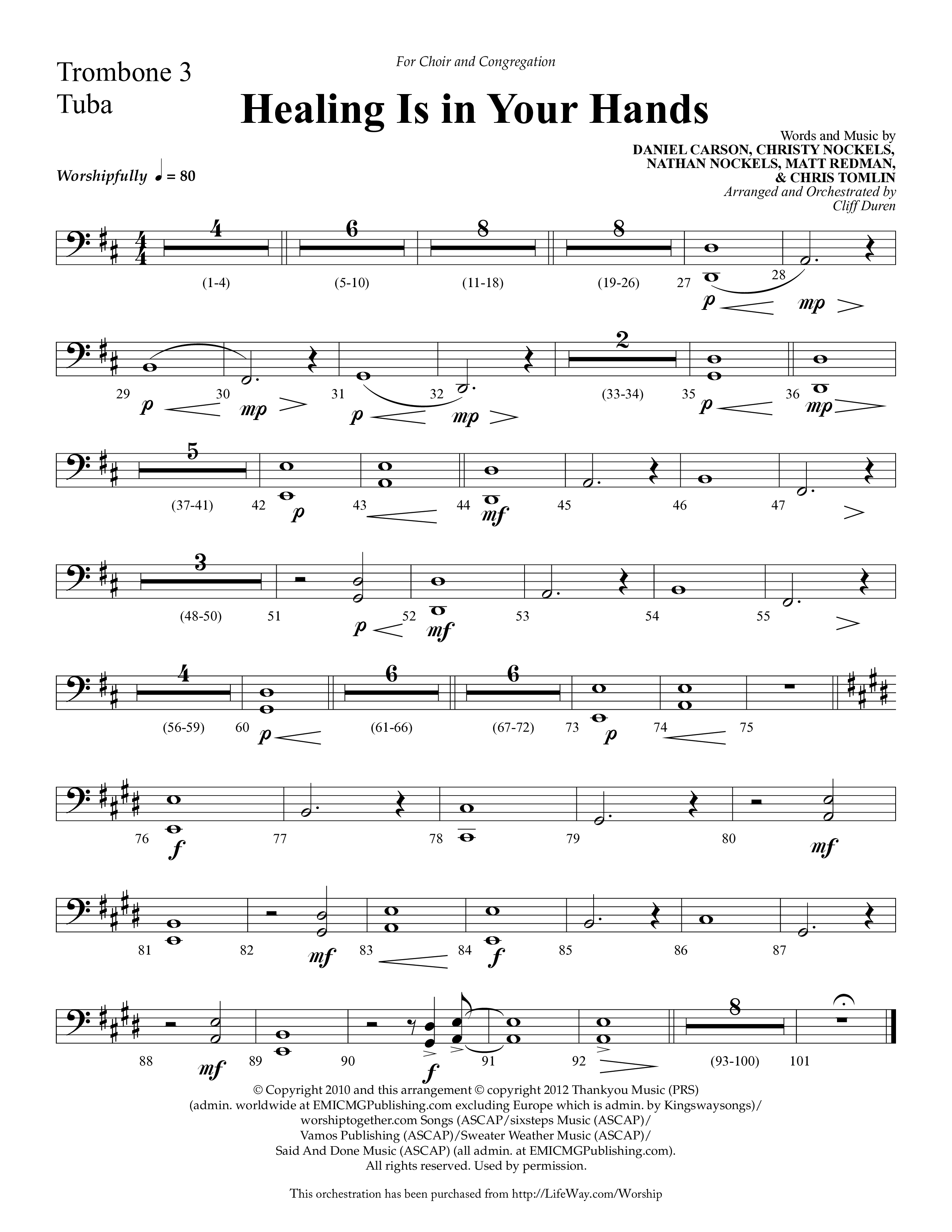Healing Is In Your Hands (Choral Anthem SATB) Trombone 3/Tuba (Lifeway Choral / Arr. Cliff Duren)