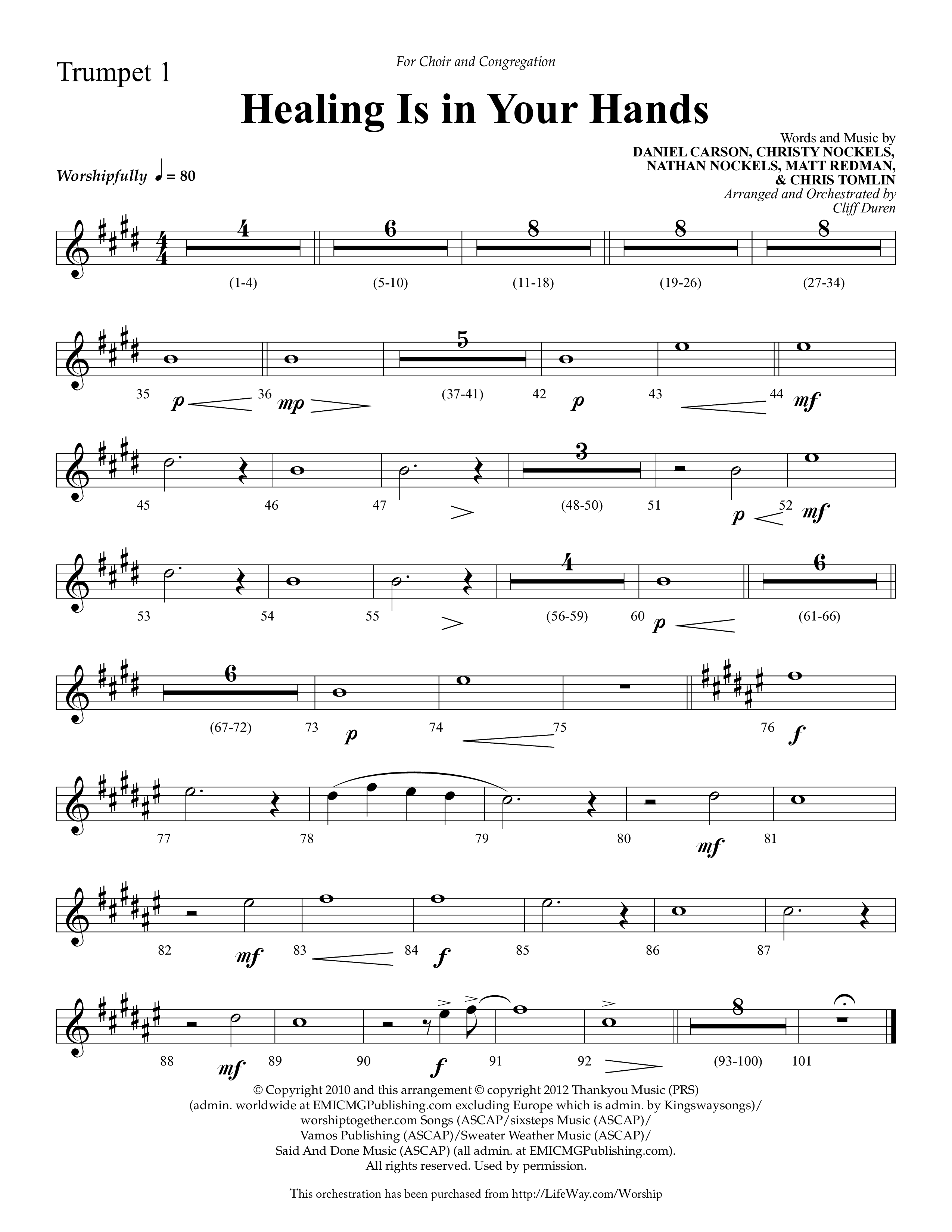 Healing Is In Your Hands (Choral Anthem SATB) Trumpet 1 (Lifeway Choral / Arr. Cliff Duren)