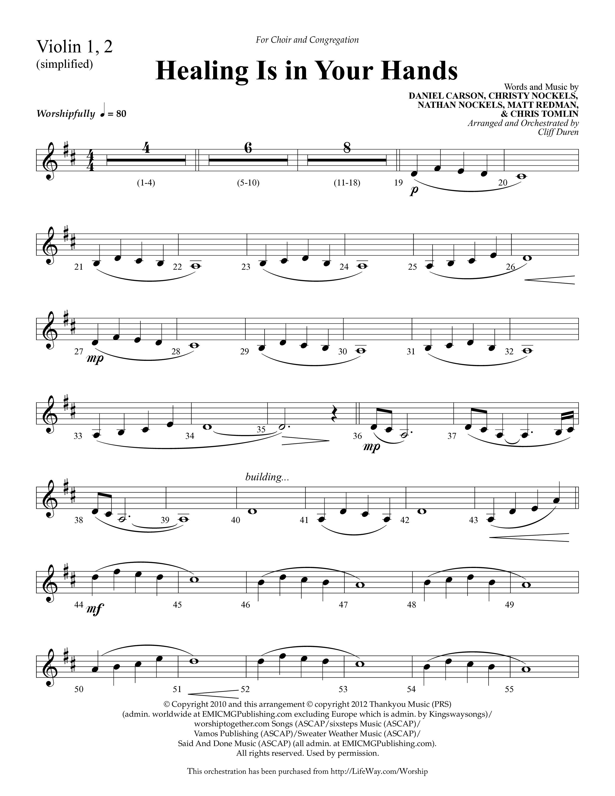 Healing Is In Your Hands (Choral Anthem SATB) Violin 1/2 (Lifeway Choral / Arr. Cliff Duren)