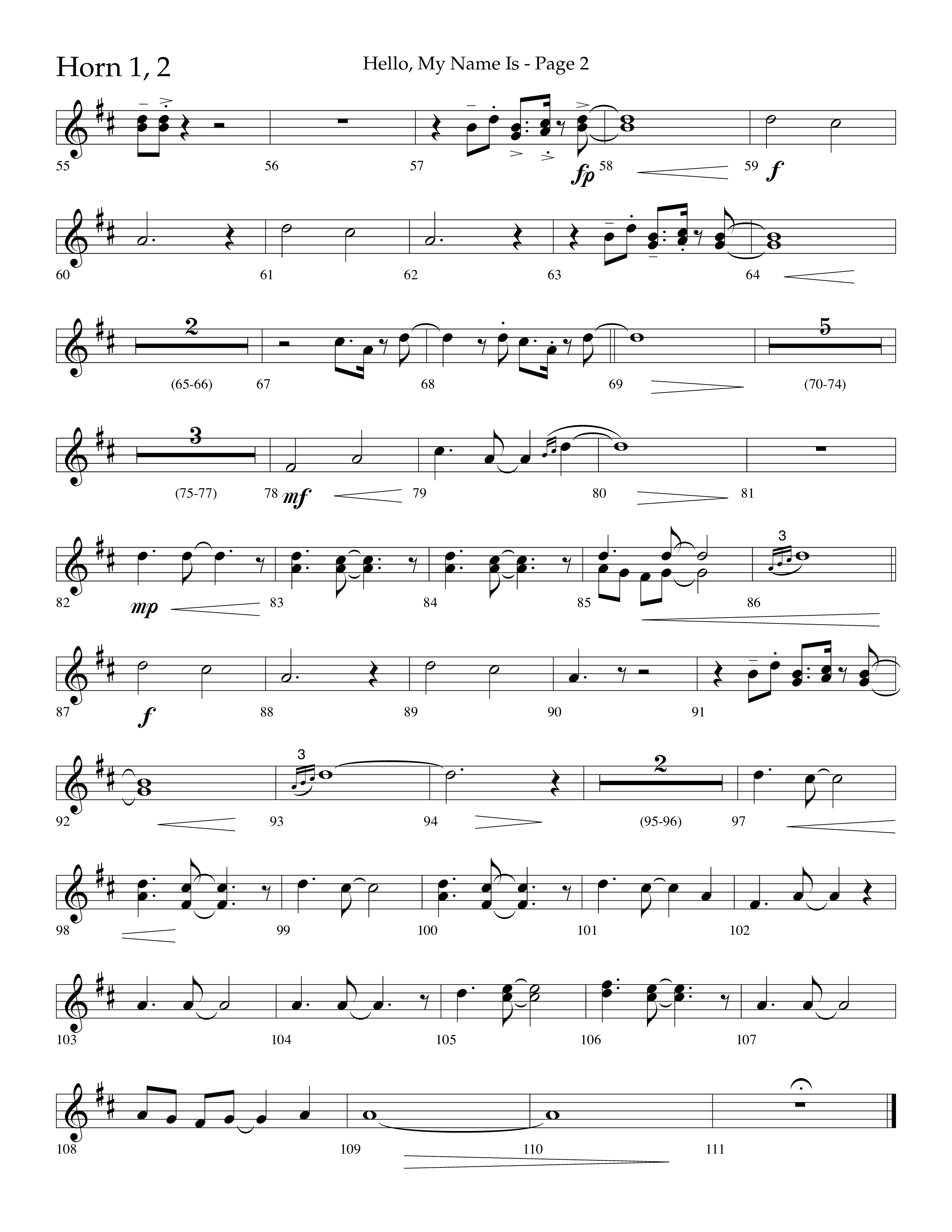 Hello My Name Is (Choral Anthem SATB) French Horn 1/2 (Lifeway Choral / Arr. Jim Hammerly)