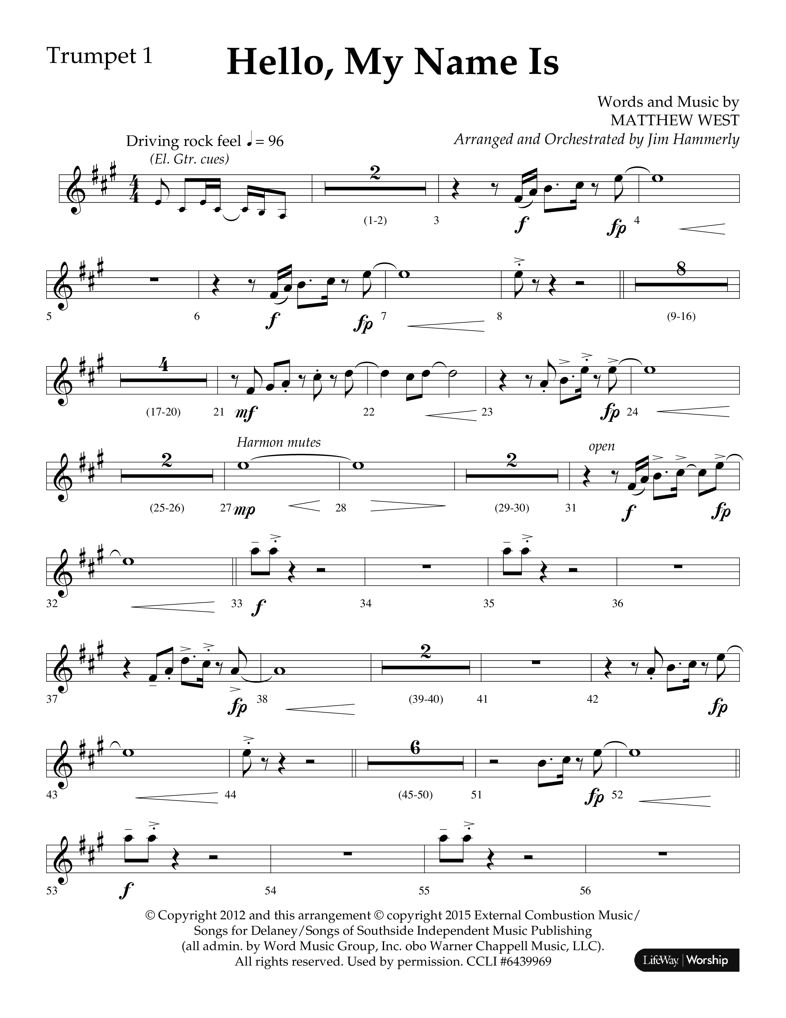Hello My Name Is (Choral Anthem SATB) Trumpet 1 (Lifeway Choral / Arr. Jim Hammerly)
