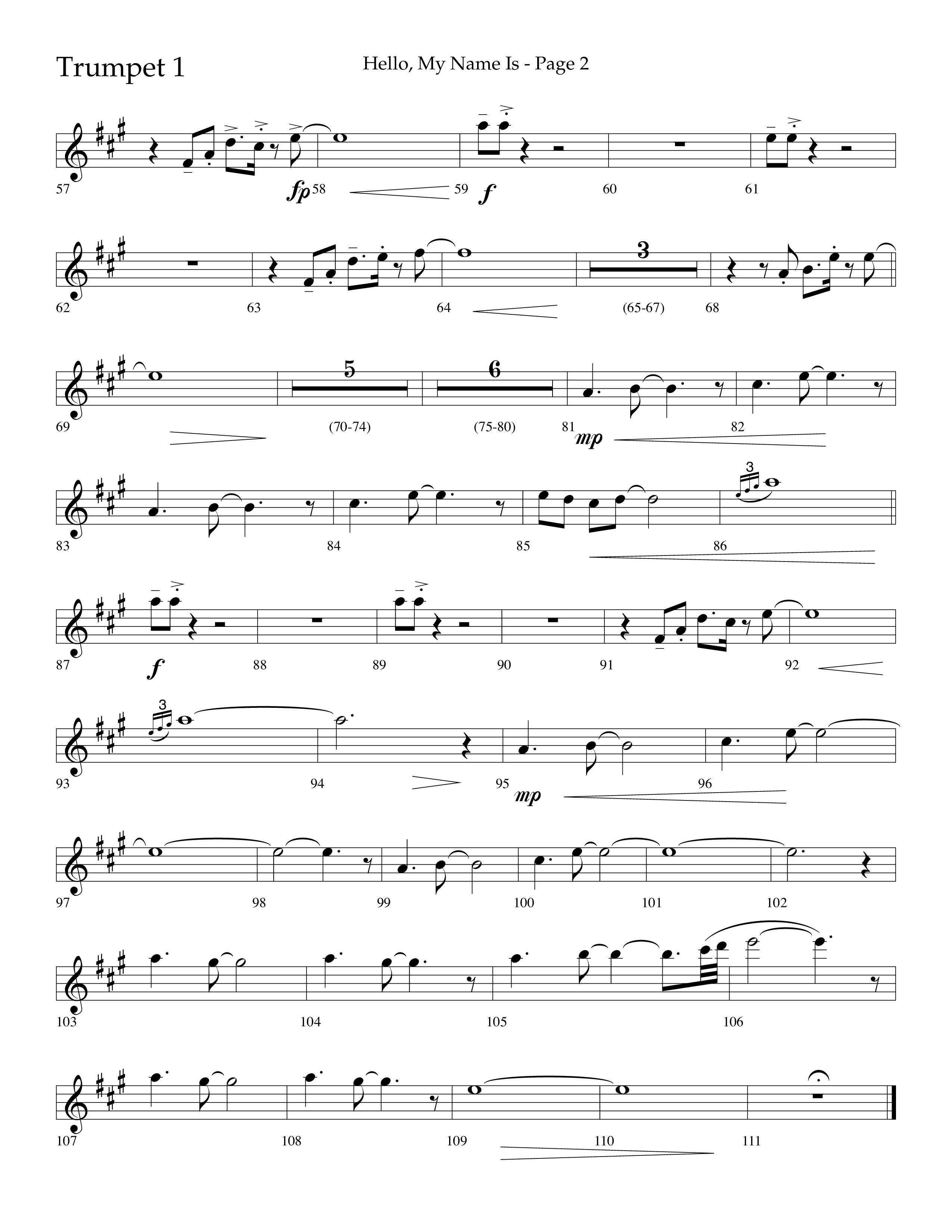 Hello My Name Is (Choral Anthem SATB) Trumpet 1 (Lifeway Choral / Arr. Jim Hammerly)