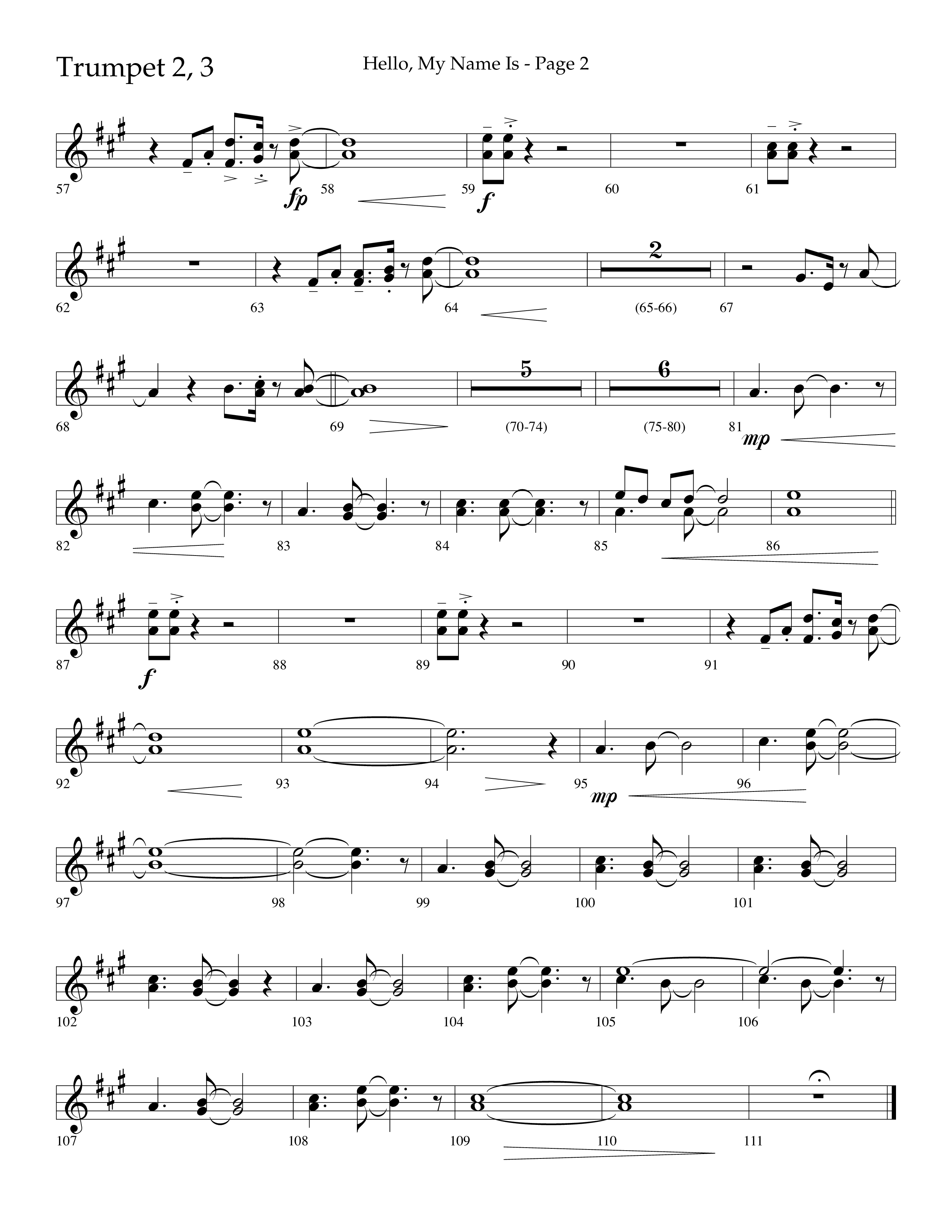 Hello My Name Is (Choral Anthem SATB) Trumpet 2/3 (Lifeway Choral / Arr. Jim Hammerly)