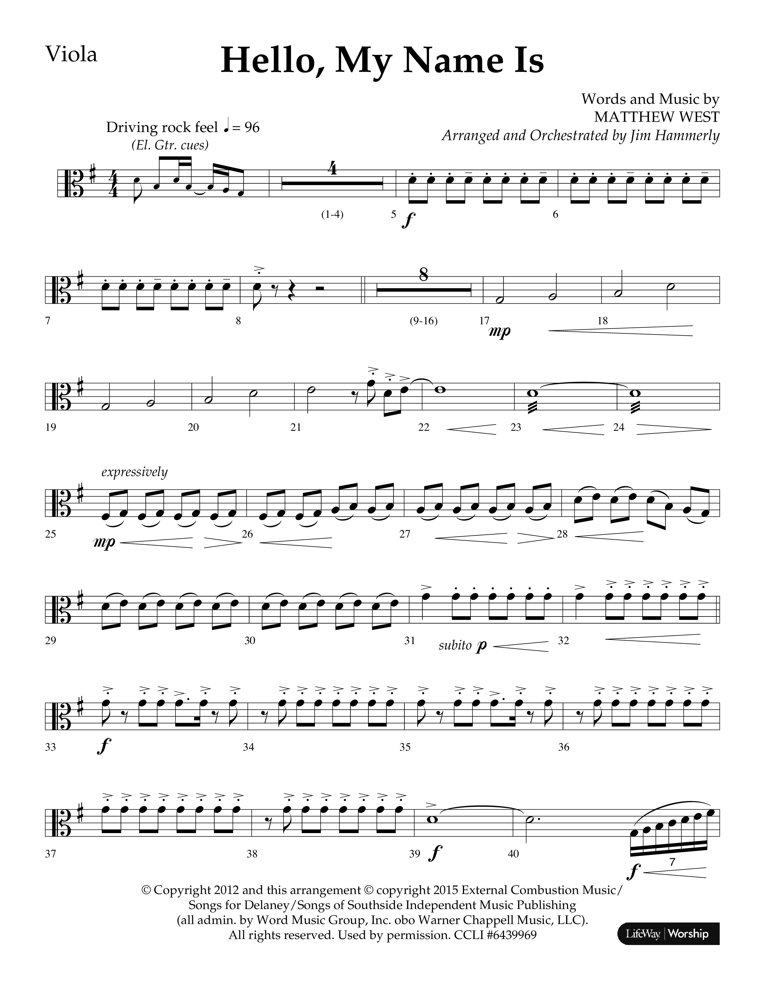Hello My Name Is (Choral Anthem SATB) Viola (Lifeway Choral / Arr. Jim Hammerly)