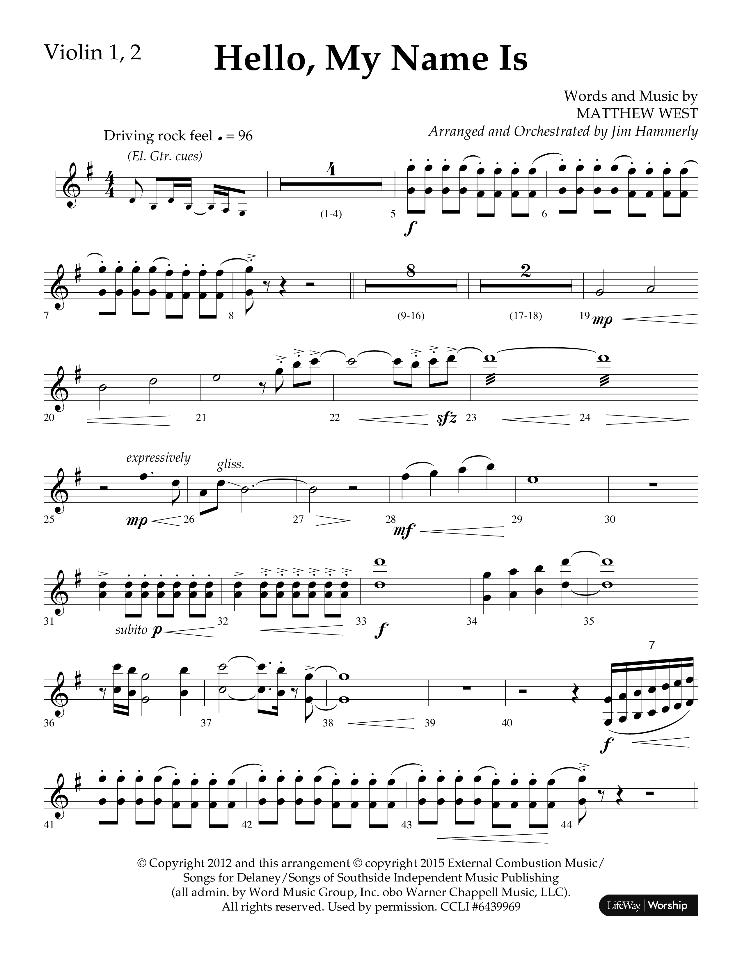 Hello My Name Is (Choral Anthem SATB) Violin 1/2 (Lifeway Choral / Arr. Jim Hammerly)
