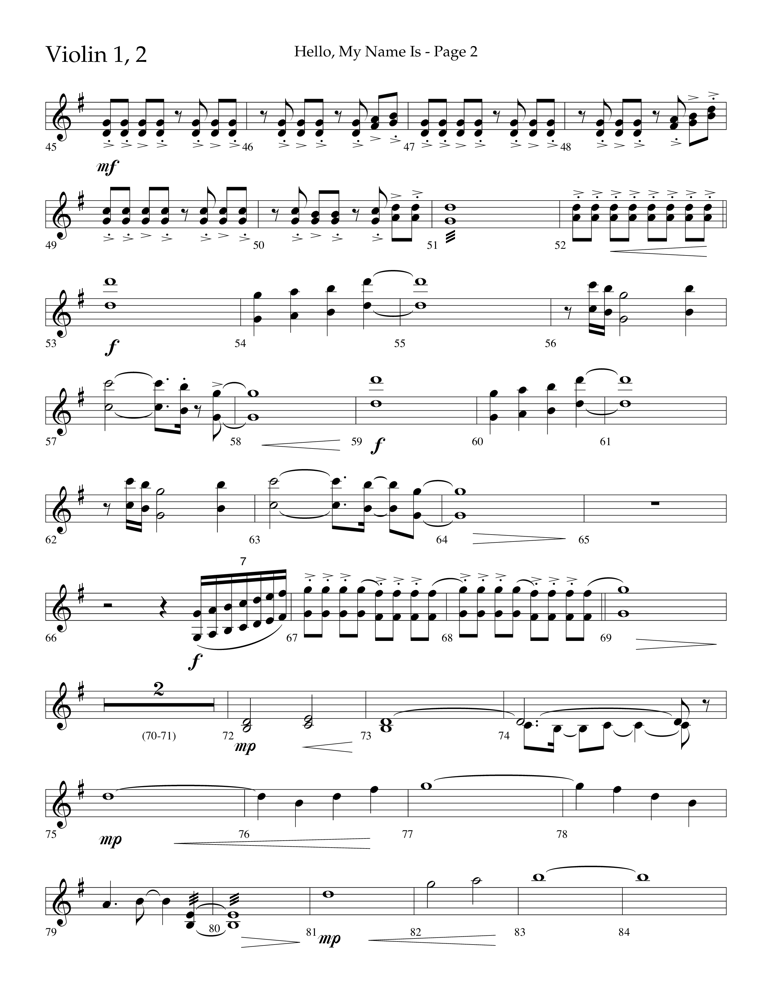 Hello My Name Is (Choral Anthem SATB) Violin 1/2 (Lifeway Choral / Arr. Jim Hammerly)
