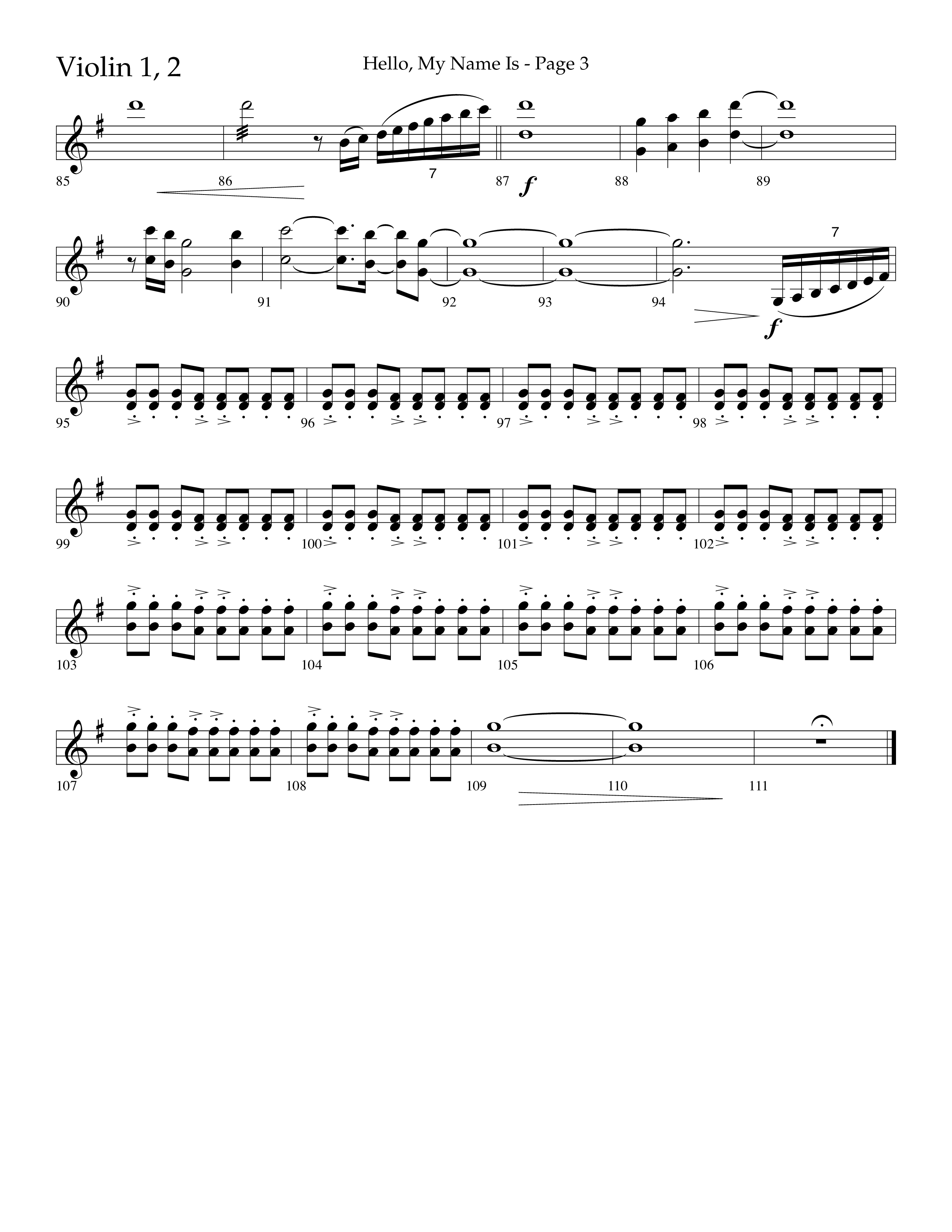 Hello My Name Is (Choral Anthem SATB) Violin 1/2 (Lifeway Choral / Arr. Jim Hammerly)