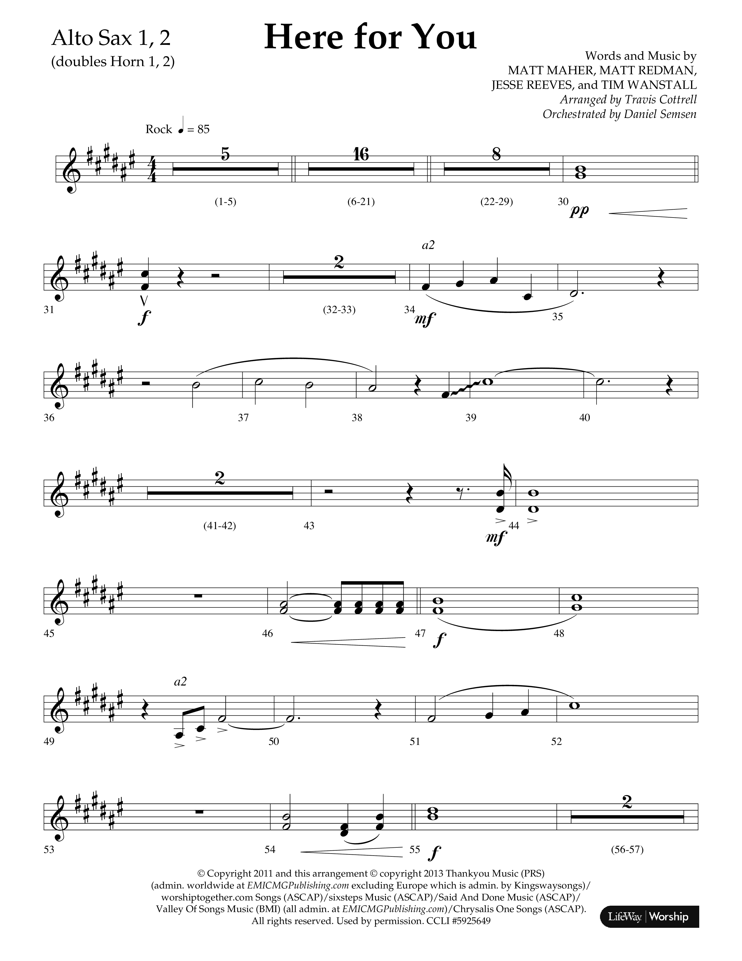 Here For You (Choral Anthem SATB) Alto Sax 1/2 (Lifeway Choral / Arr. Travis Cottrell / Orch. Daniel Semsen)