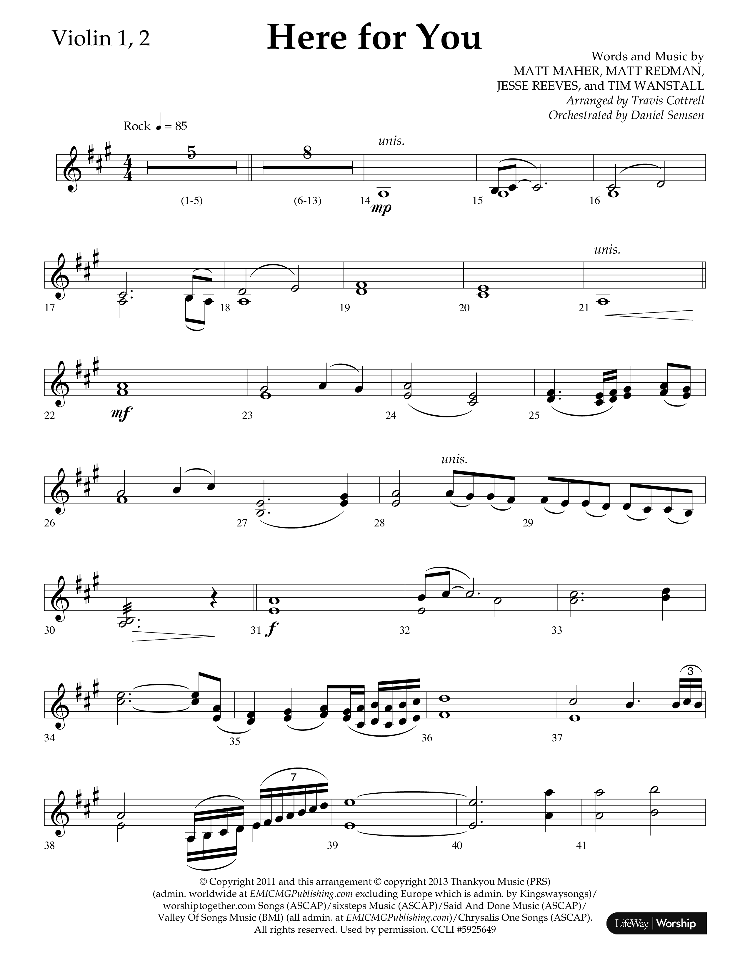 Here For You (Choral Anthem SATB) Violin 1/2 (Lifeway Choral / Arr. Travis Cottrell / Orch. Daniel Semsen)