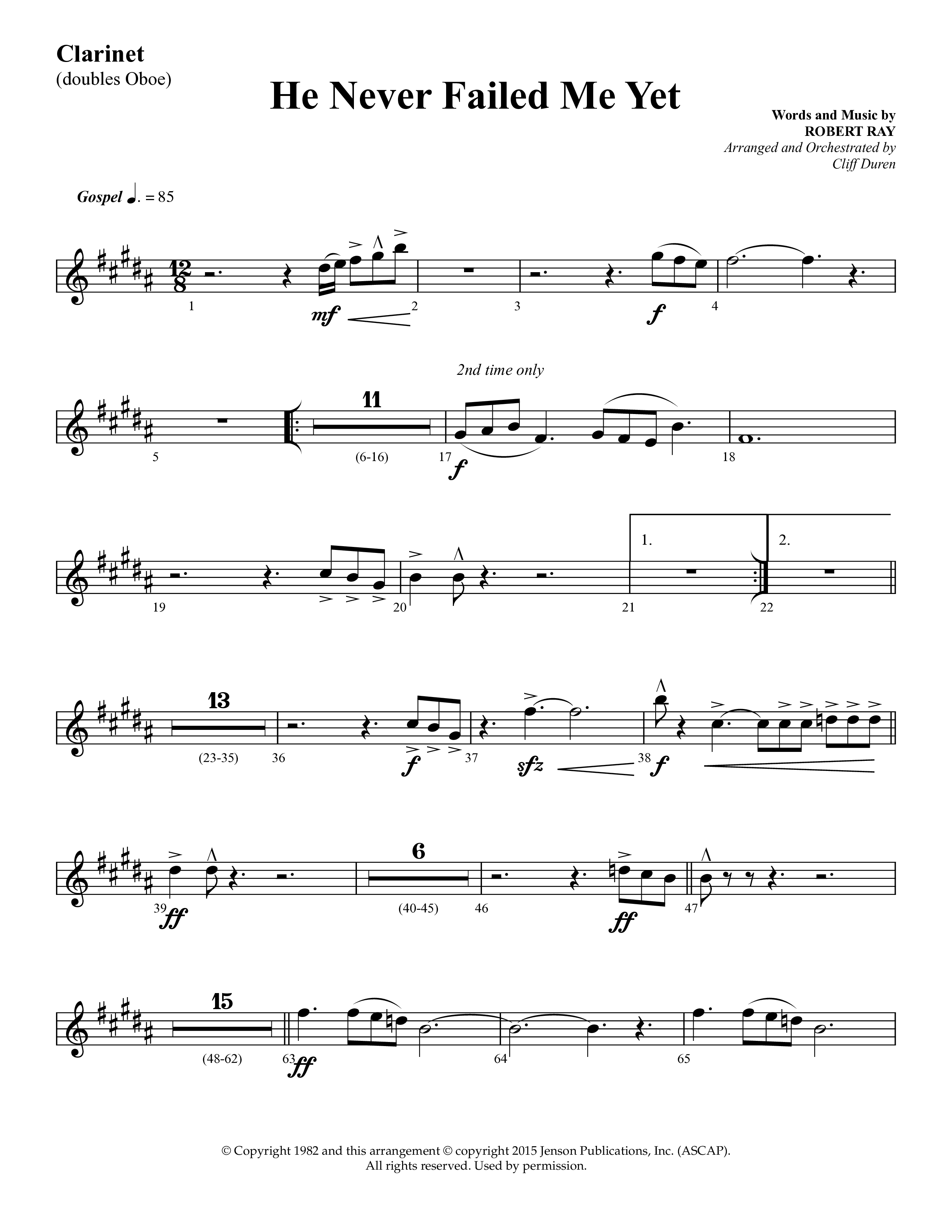 He Never Failed Me Yet (Choral Anthem SATB) Clarinet (Lifeway Choral / Arr. Cliff Duren)