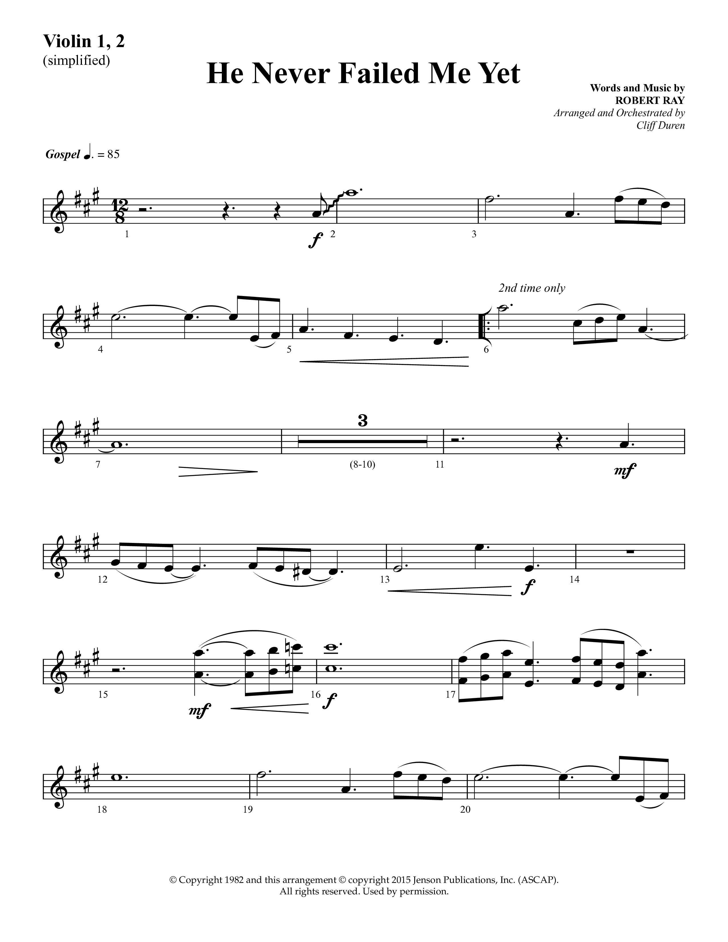 He Never Failed Me Yet (Choral Anthem SATB) Violin 1/2 (Lifeway Choral / Arr. Cliff Duren)