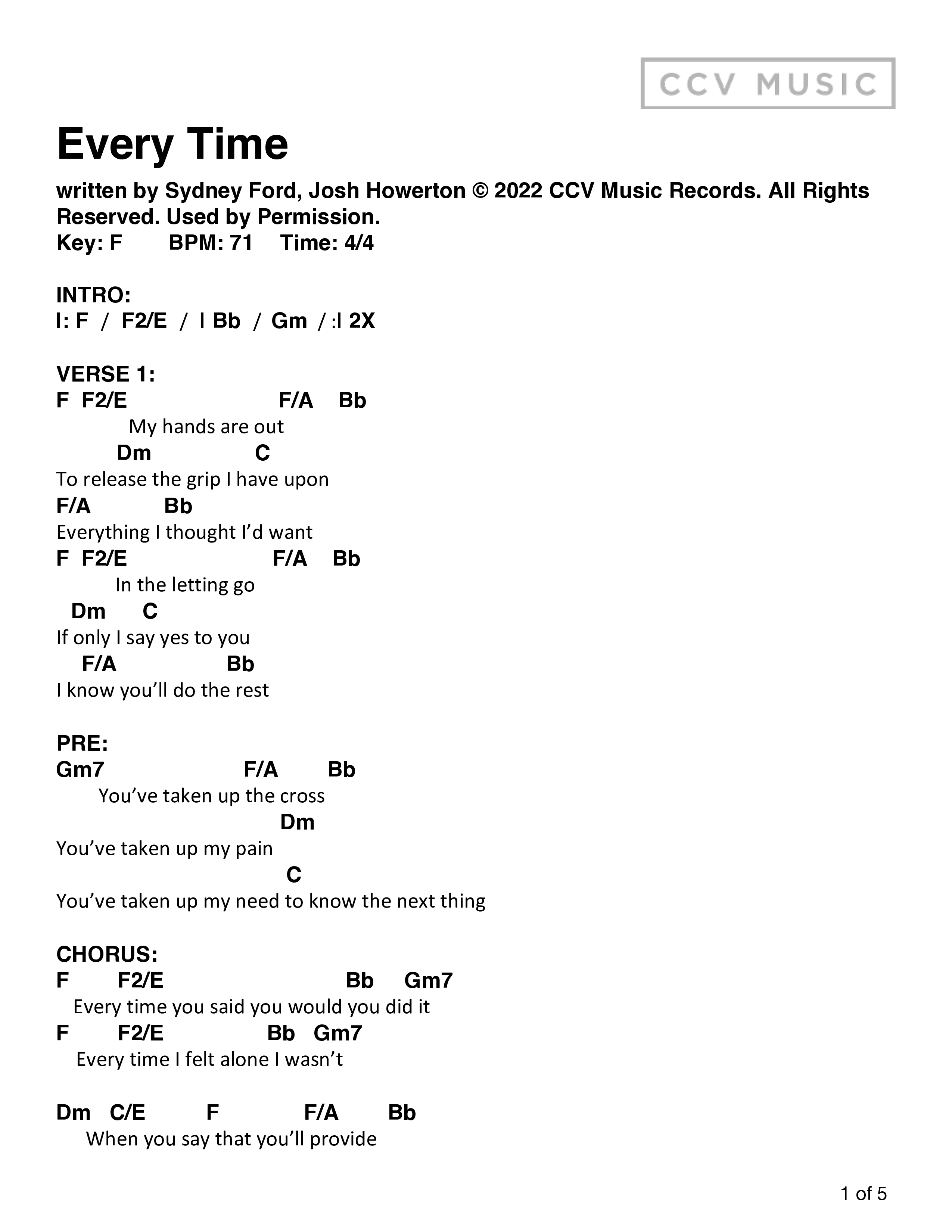 Every Time (Live) Chord Chart (CCV Music)
