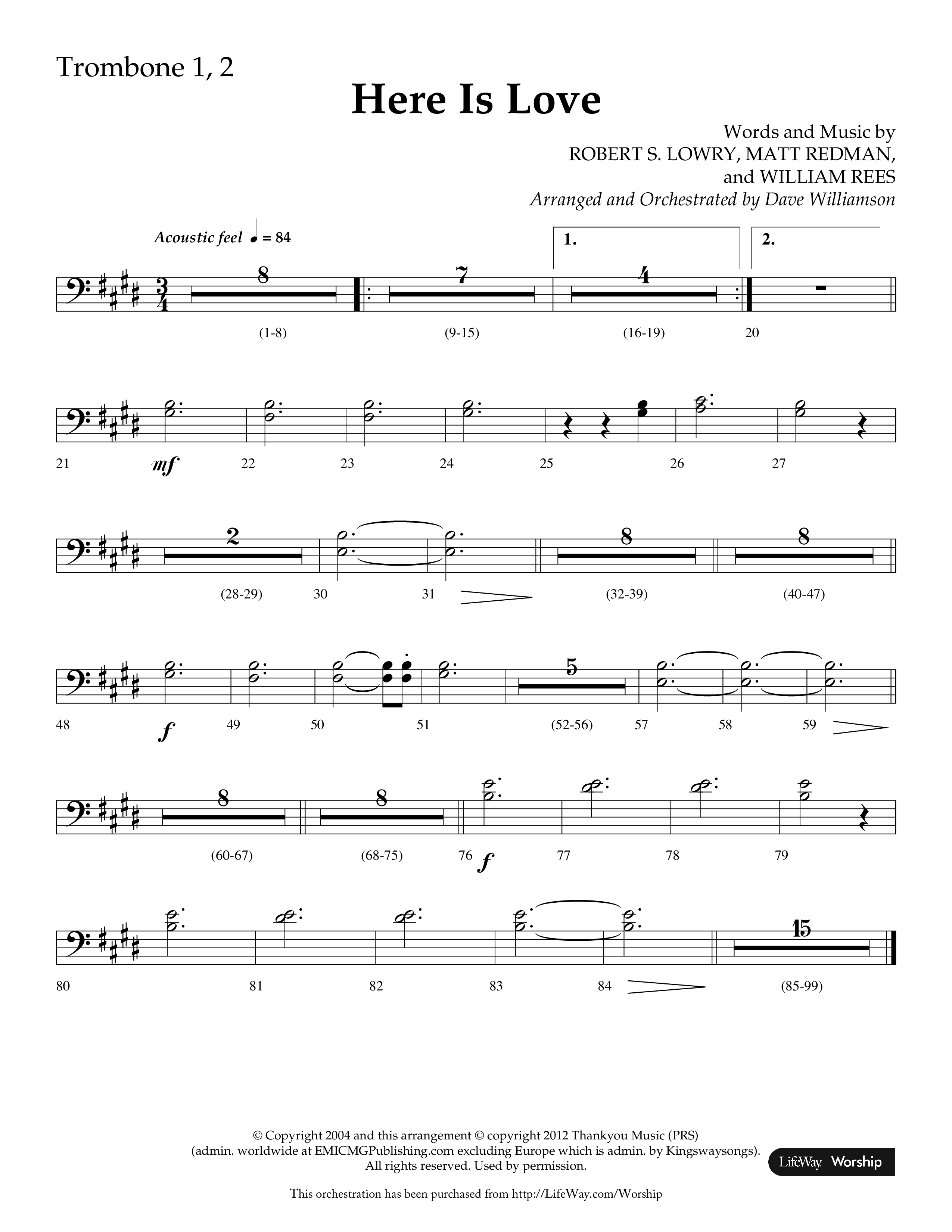 Here Is Love (Choral Anthem SATB) Trombone 1/2 (Lifeway Choral / Arr. Dave Williamson)