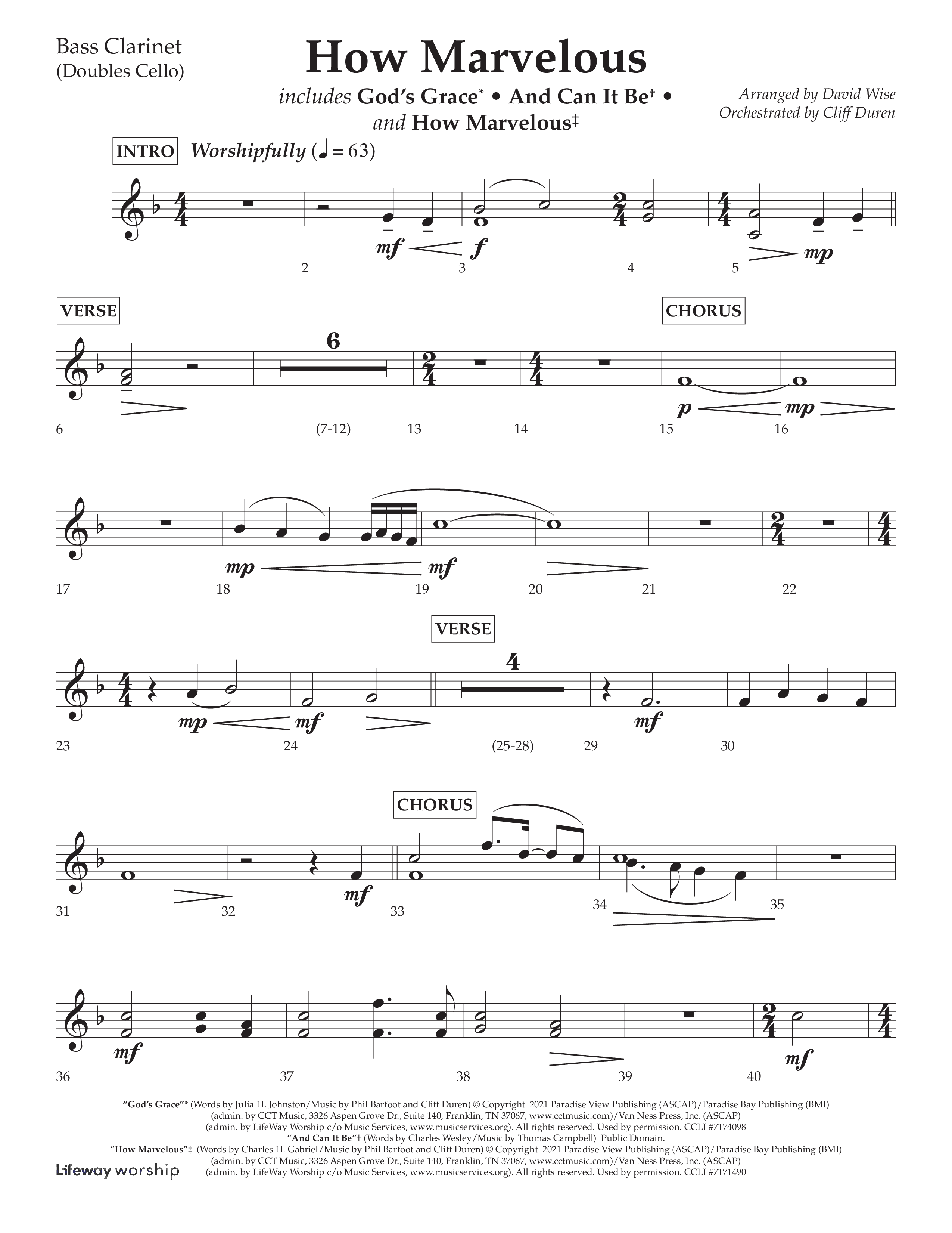 How Marvelous Medley (Choral Anthem SATB) Bass Clarinet (Lifeway Choral / Arr. David Wise / Orch. Cliff Duren)