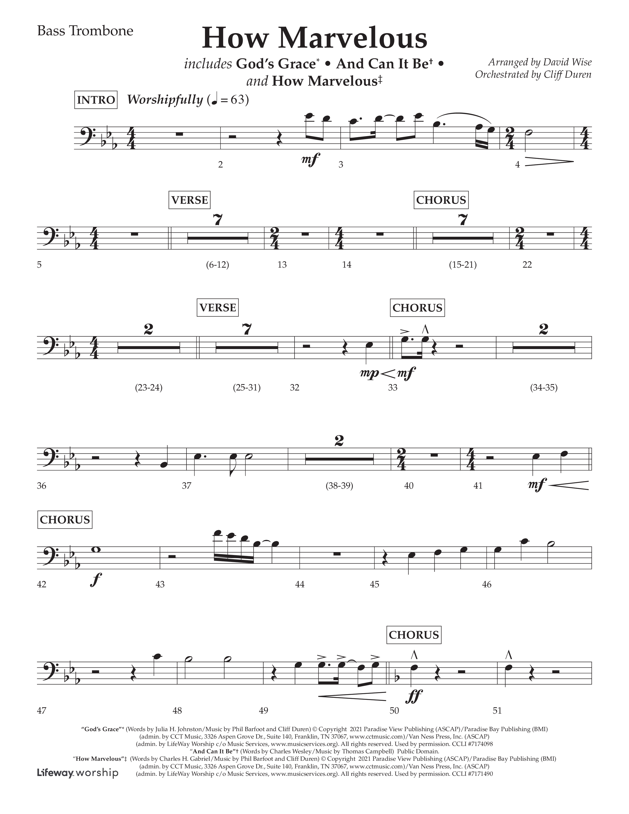 How Marvelous Medley (Choral Anthem SATB) Bass Trombone (Lifeway Choral / Arr. David Wise / Orch. Cliff Duren)