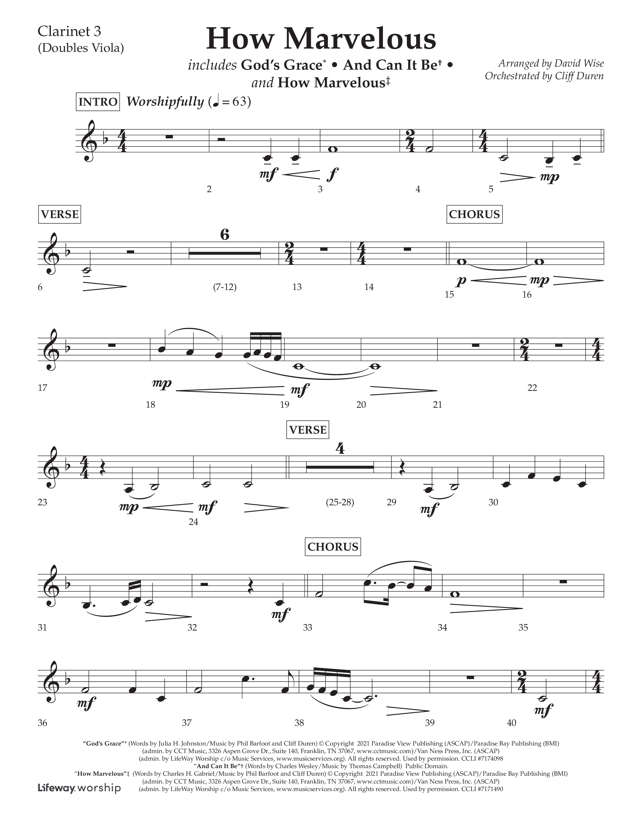 How Marvelous Medley (Choral Anthem SATB) Clarinet 3 (Lifeway Choral / Arr. David Wise / Orch. Cliff Duren)