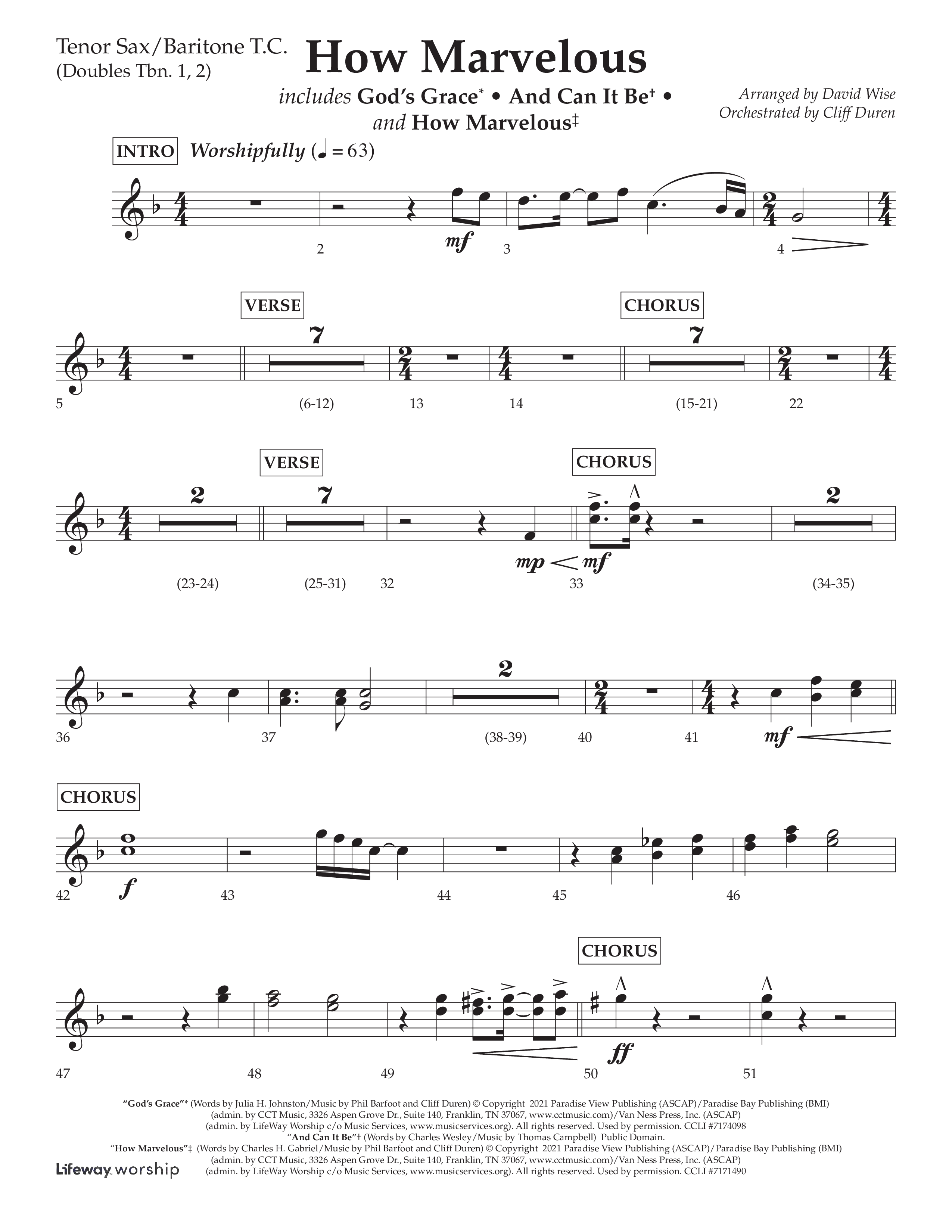 How Marvelous Medley (Choral Anthem SATB) Tenor Sax/Baritone T.C. (Lifeway Choral / Arr. David Wise / Orch. Cliff Duren)