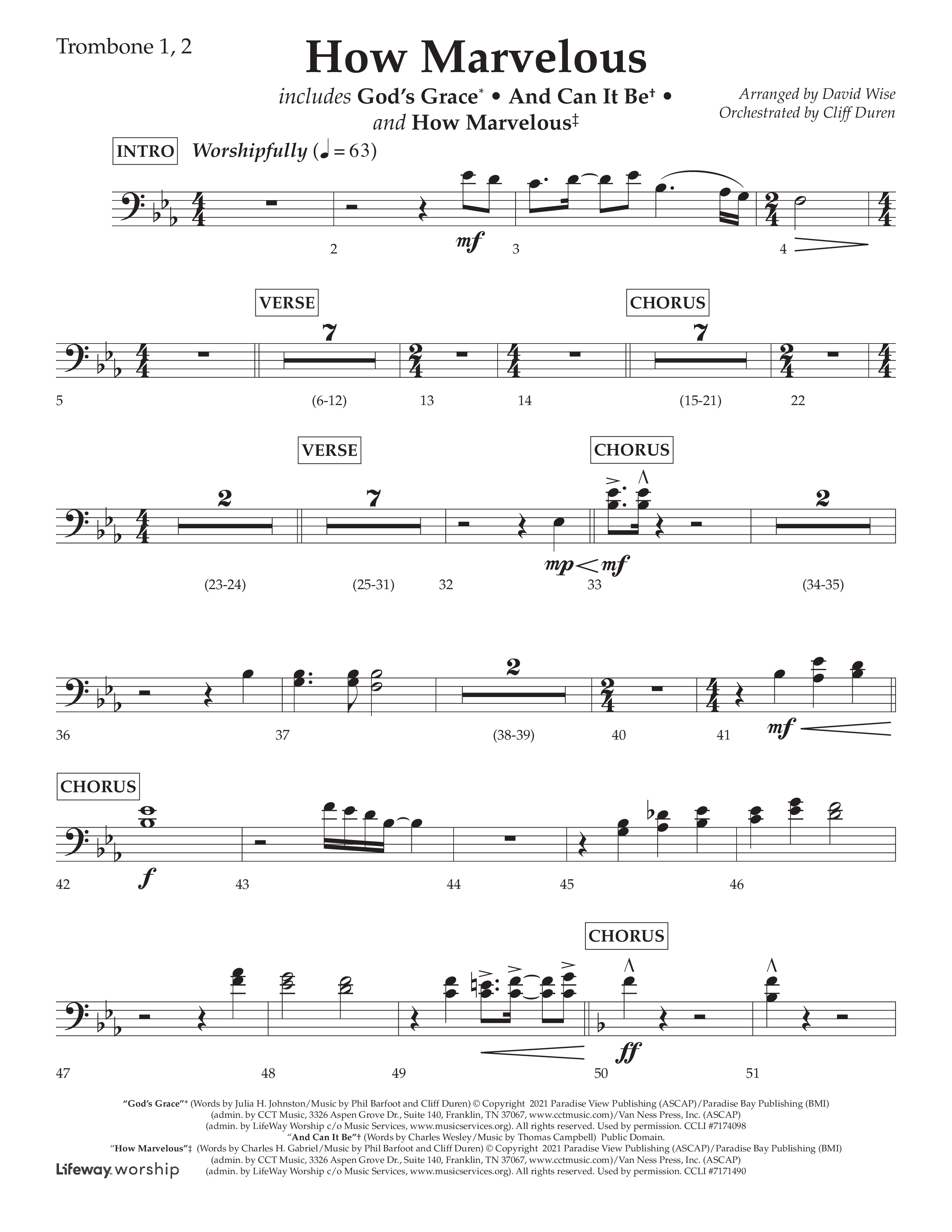 How Marvelous Medley (Choral Anthem SATB) Trombone 1/2 (Lifeway Choral / Arr. David Wise / Orch. Cliff Duren)