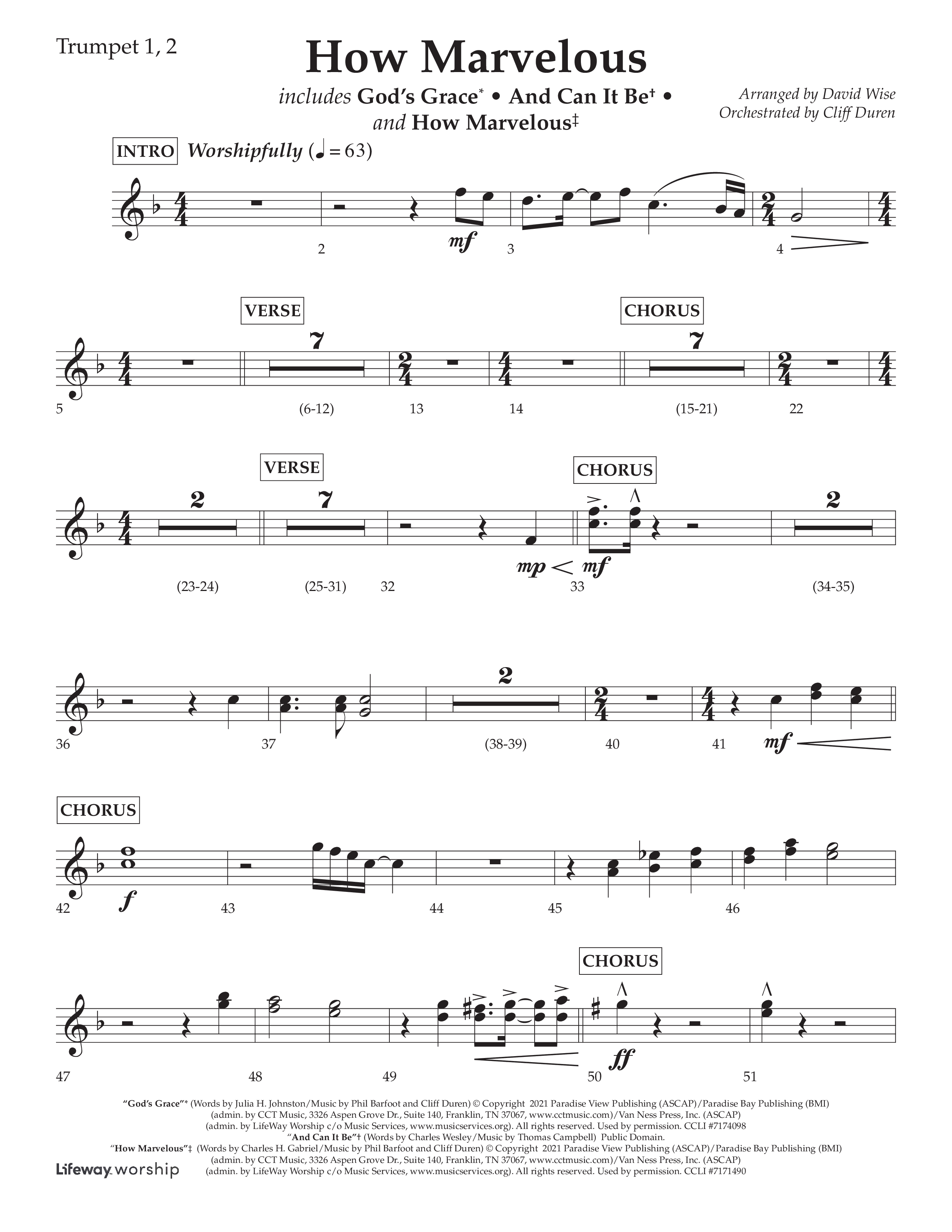 How Marvelous Medley (Choral Anthem SATB) Trumpet 1,2 (Lifeway Choral / Arr. David Wise / Orch. Cliff Duren)