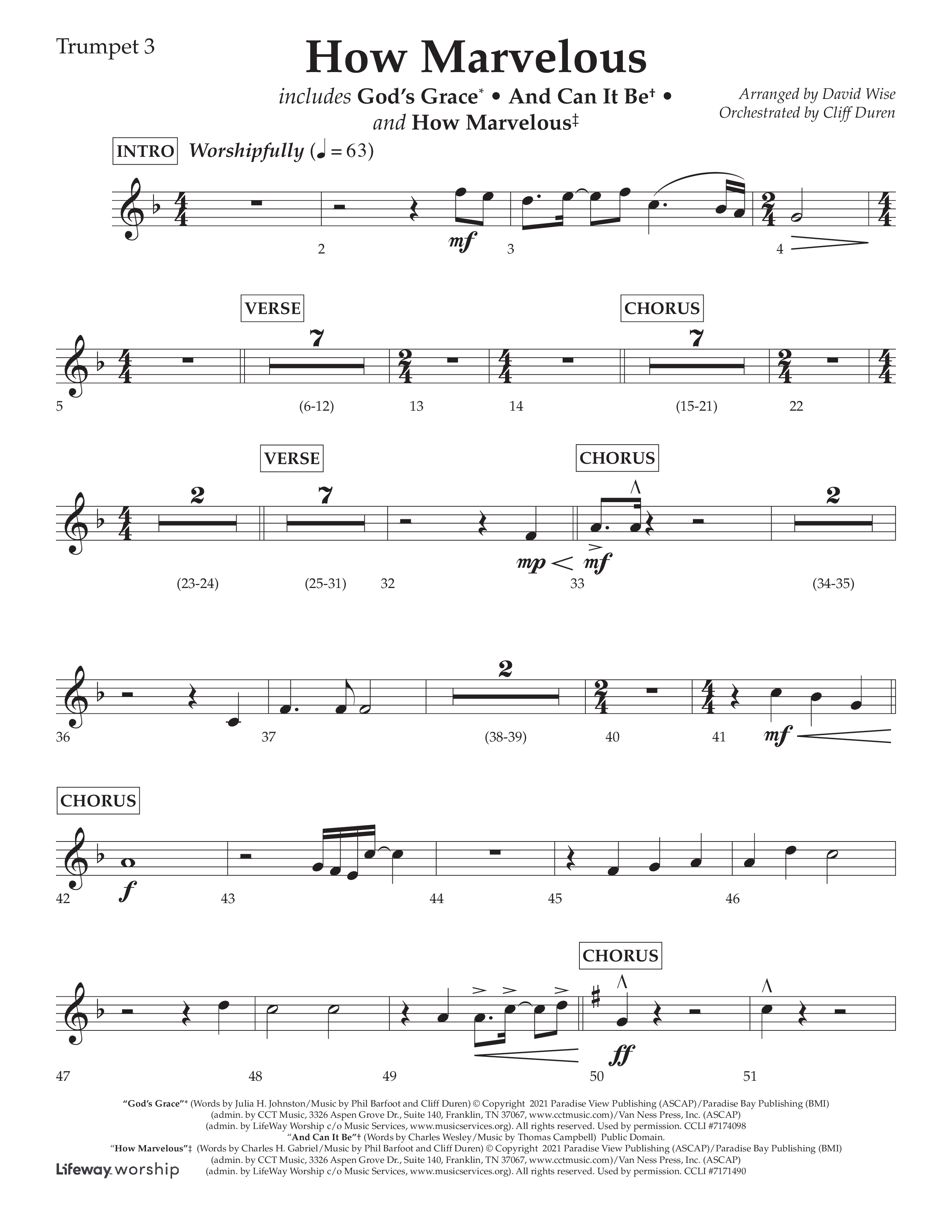 How Marvelous Medley (Choral Anthem SATB) Trumpet 3 (Lifeway Choral / Arr. David Wise / Orch. Cliff Duren)