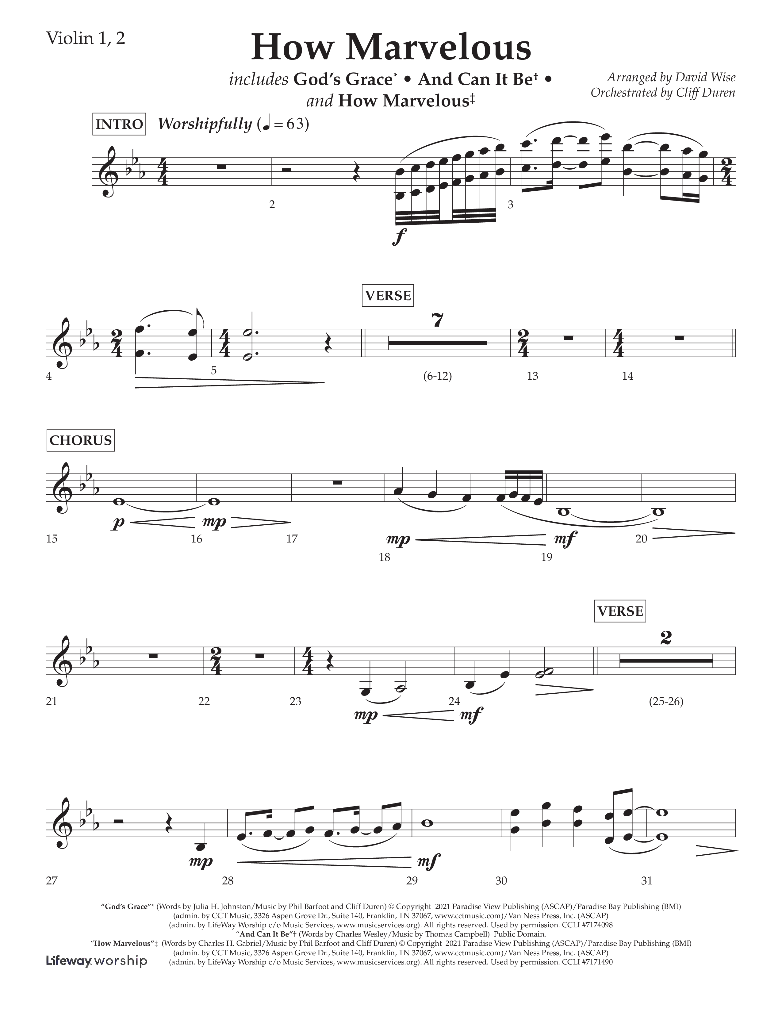 How Marvelous Medley (Choral Anthem SATB) Violin 1/2 (Lifeway Choral / Arr. David Wise / Orch. Cliff Duren)