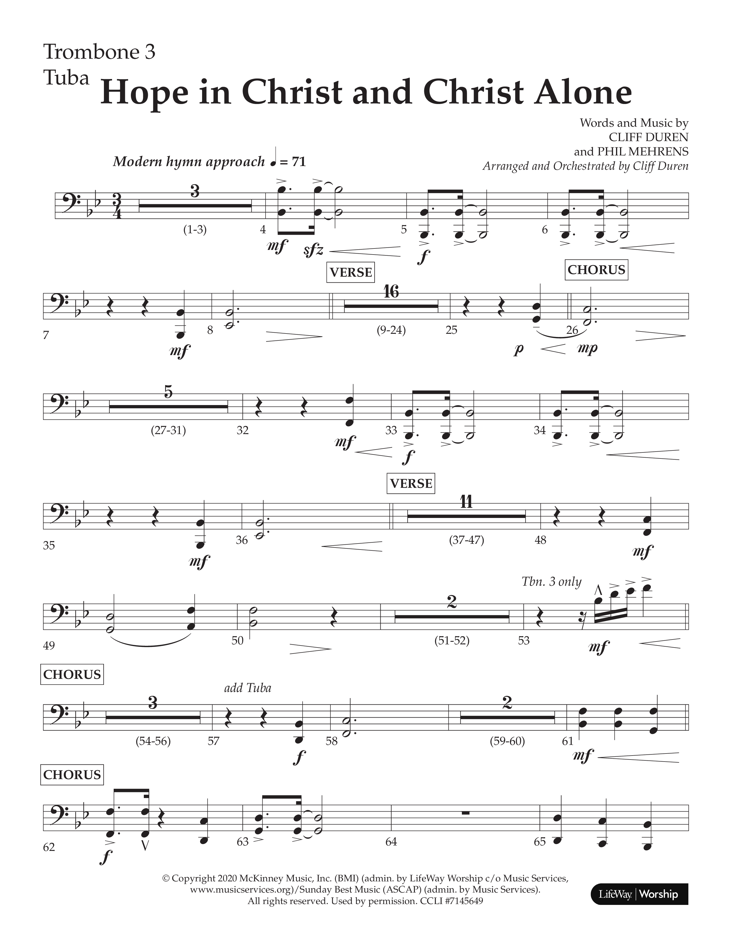 Hope In Christ And Christ Alone (Choral Anthem SATB) Trombone 3/Tuba (Lifeway Choral / Arr. Cliff Duren)