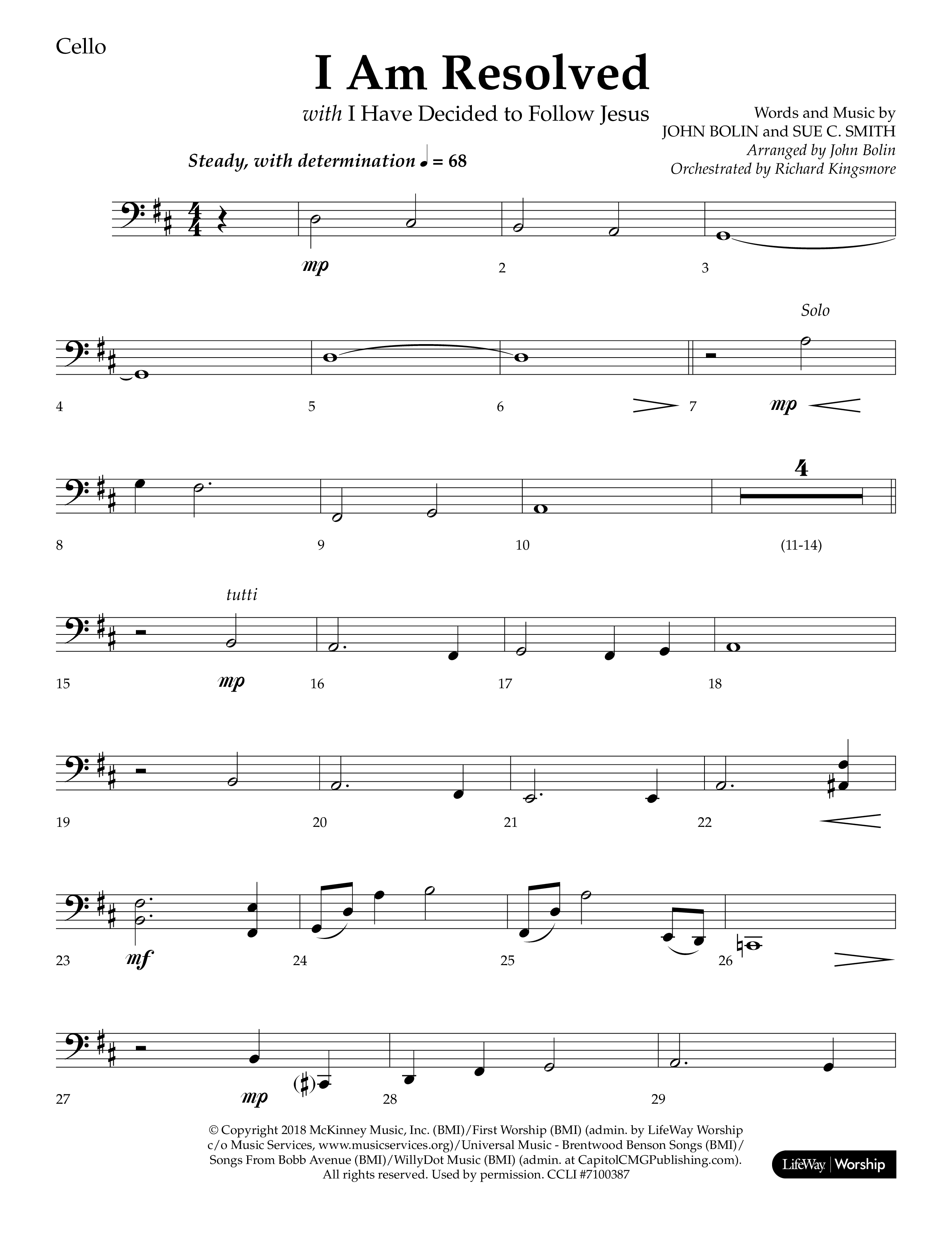 I Am Resolved (with I Have Decided To Follow Jesus) (Choral Anthem SATB) Cello (Lifeway Choral / Arr. John Bolin / Orch. Richard Kingsmore)