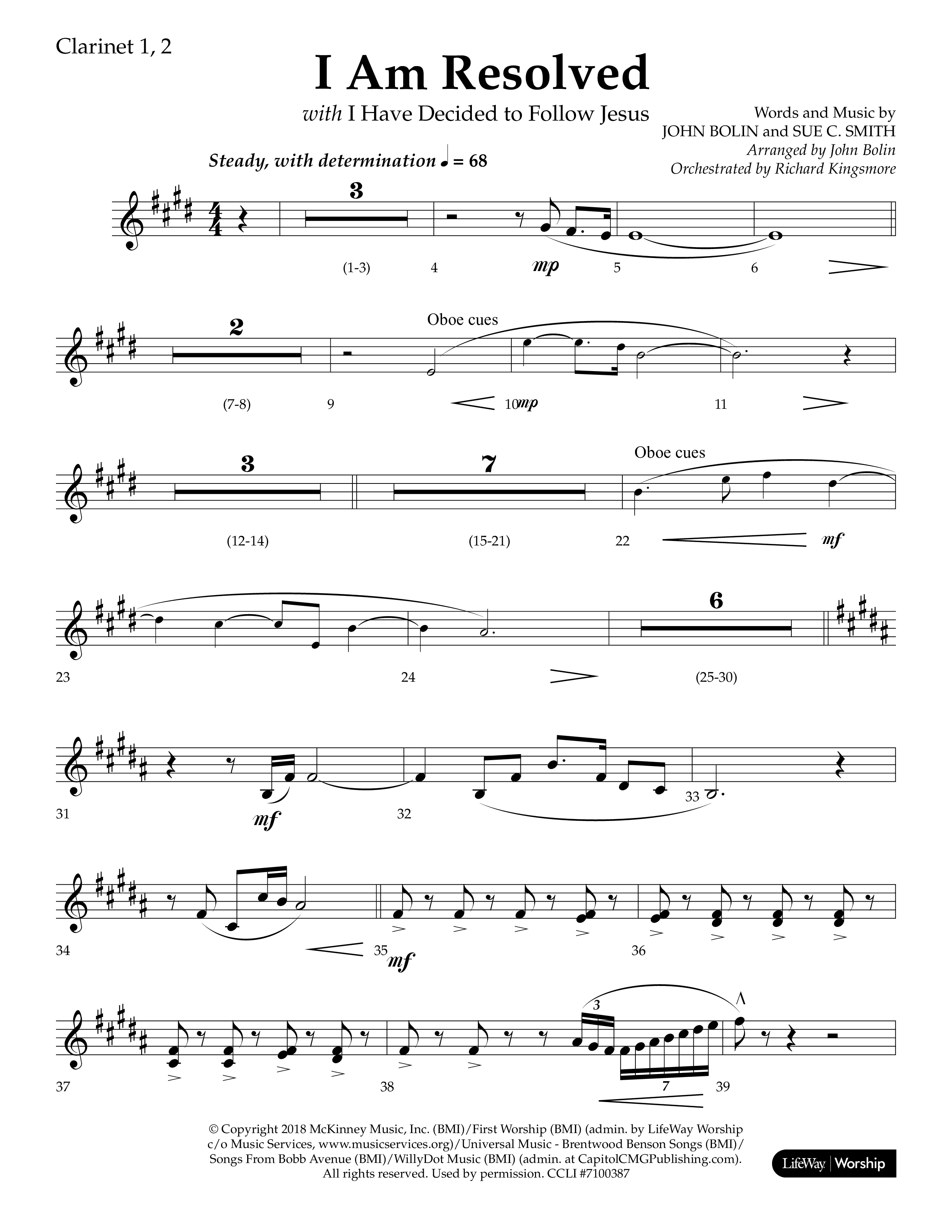 I Am Resolved (with I Have Decided To Follow Jesus) (Choral Anthem SATB) Clarinet 1/2 (Lifeway Choral / Arr. John Bolin / Orch. Richard Kingsmore)