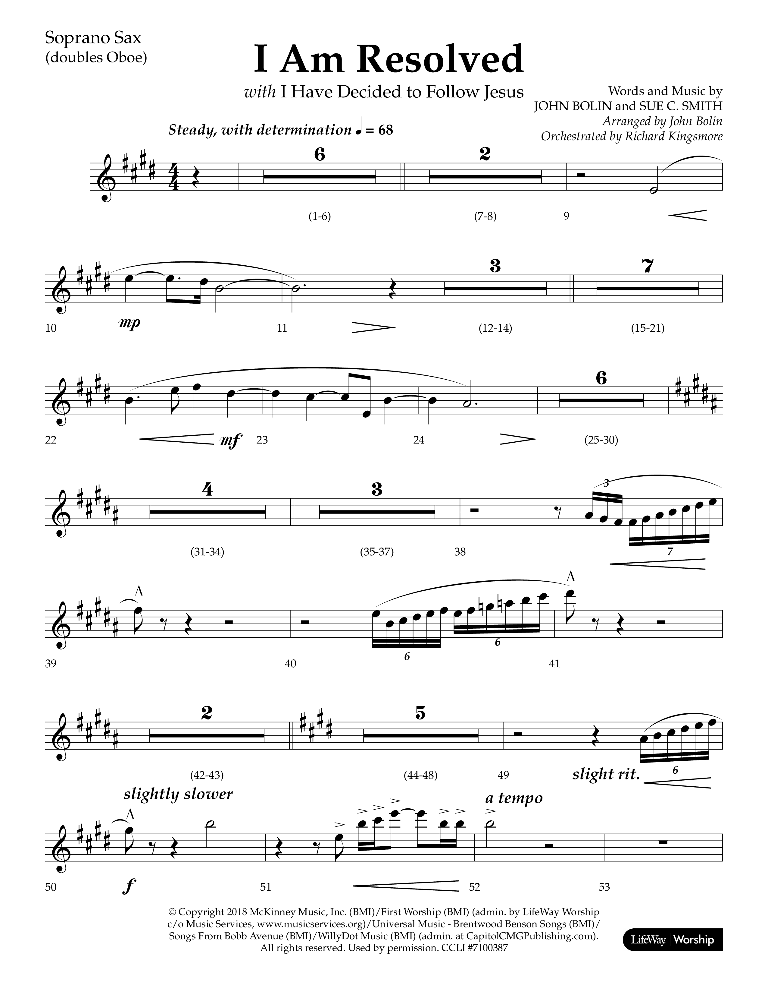 I Am Resolved (with I Have Decided To Follow Jesus) (Choral Anthem SATB) Soprano Sax (Lifeway Choral / Arr. John Bolin / Orch. Richard Kingsmore)