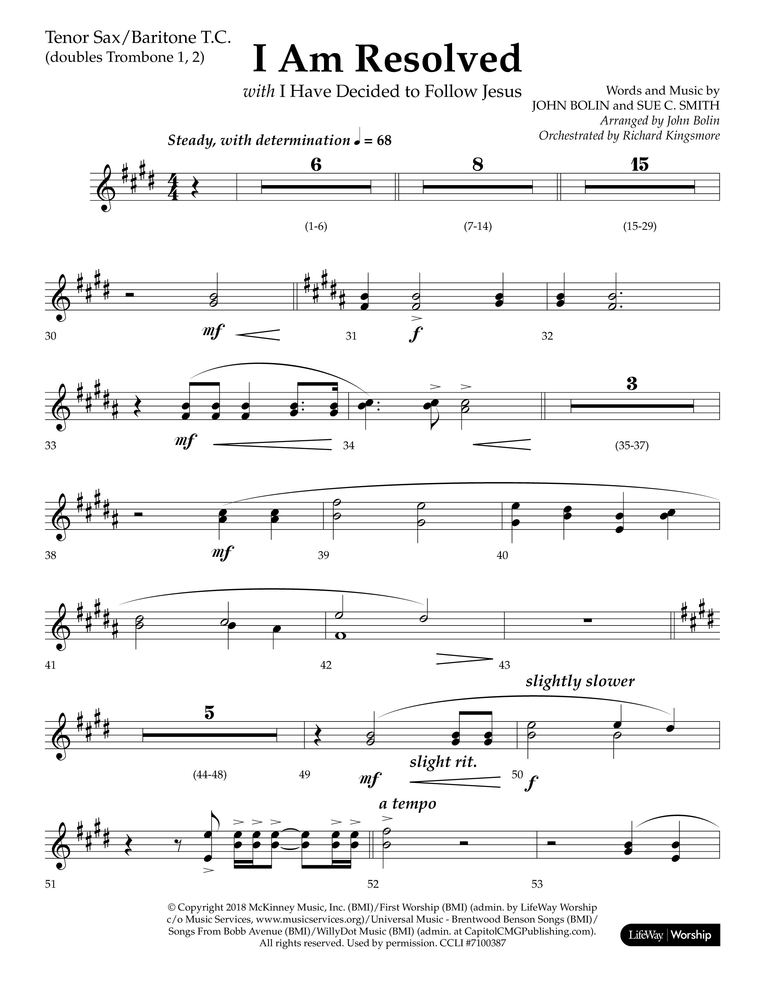 I Am Resolved (with I Have Decided To Follow Jesus) (Choral Anthem SATB) Tenor Sax/Baritone T.C. (Lifeway Choral / Arr. John Bolin / Orch. Richard Kingsmore)