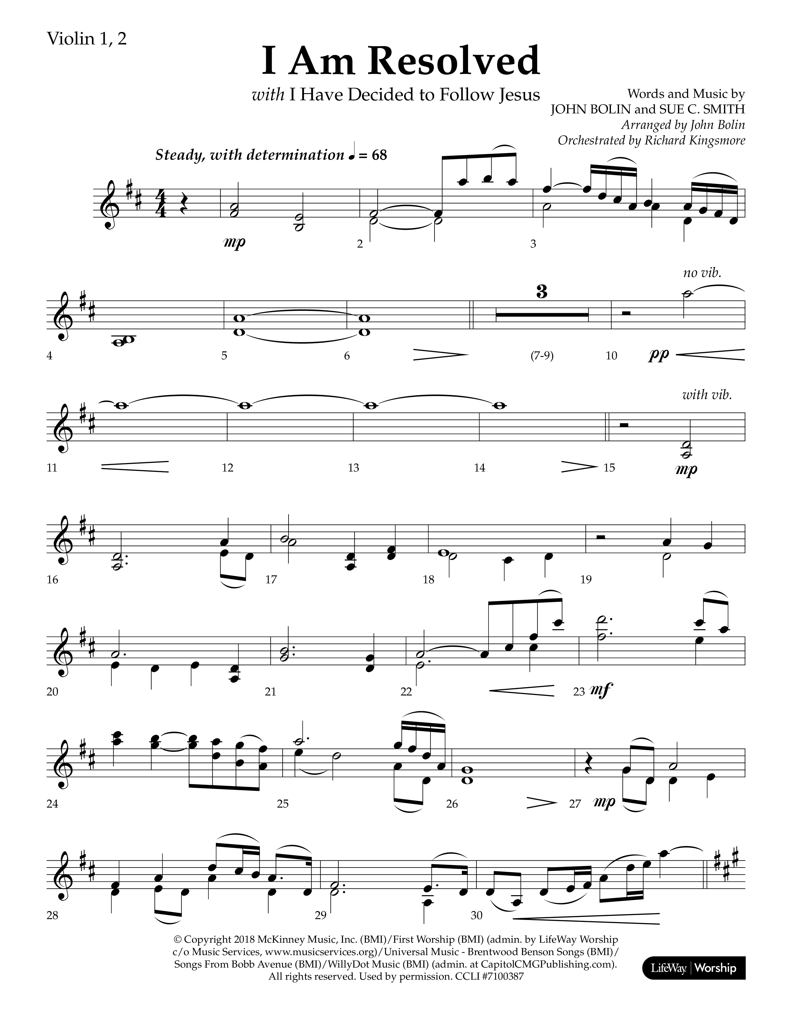 I Am Resolved (with I Have Decided To Follow Jesus) (Choral Anthem SATB) Violin 1/2 (Lifeway Choral / Arr. John Bolin / Orch. Richard Kingsmore)