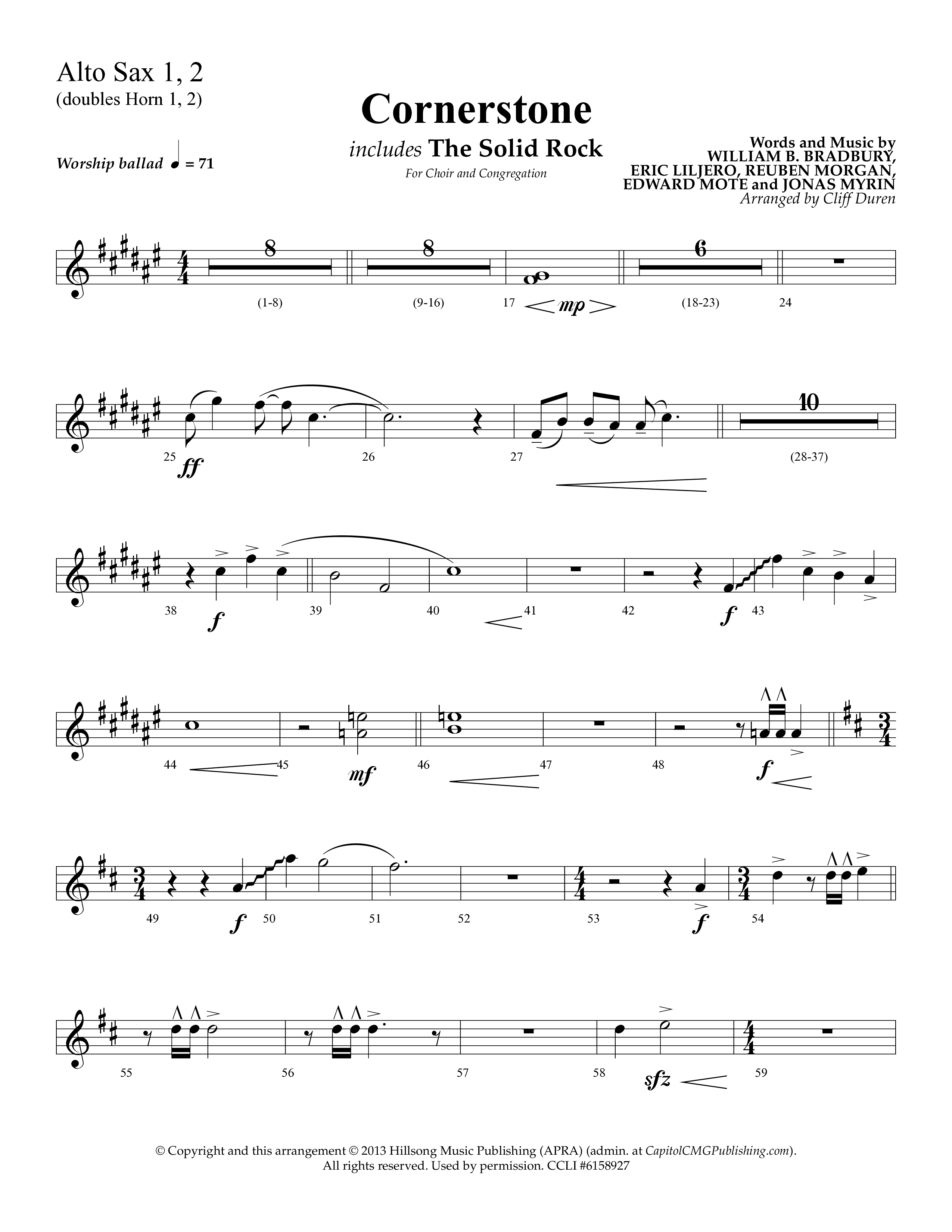 Cornerstone (with The Solid Rock) (Choral Anthem SATB) Alto Sax 1/2 (Lifeway Choral / Arr. Cliff Duren)