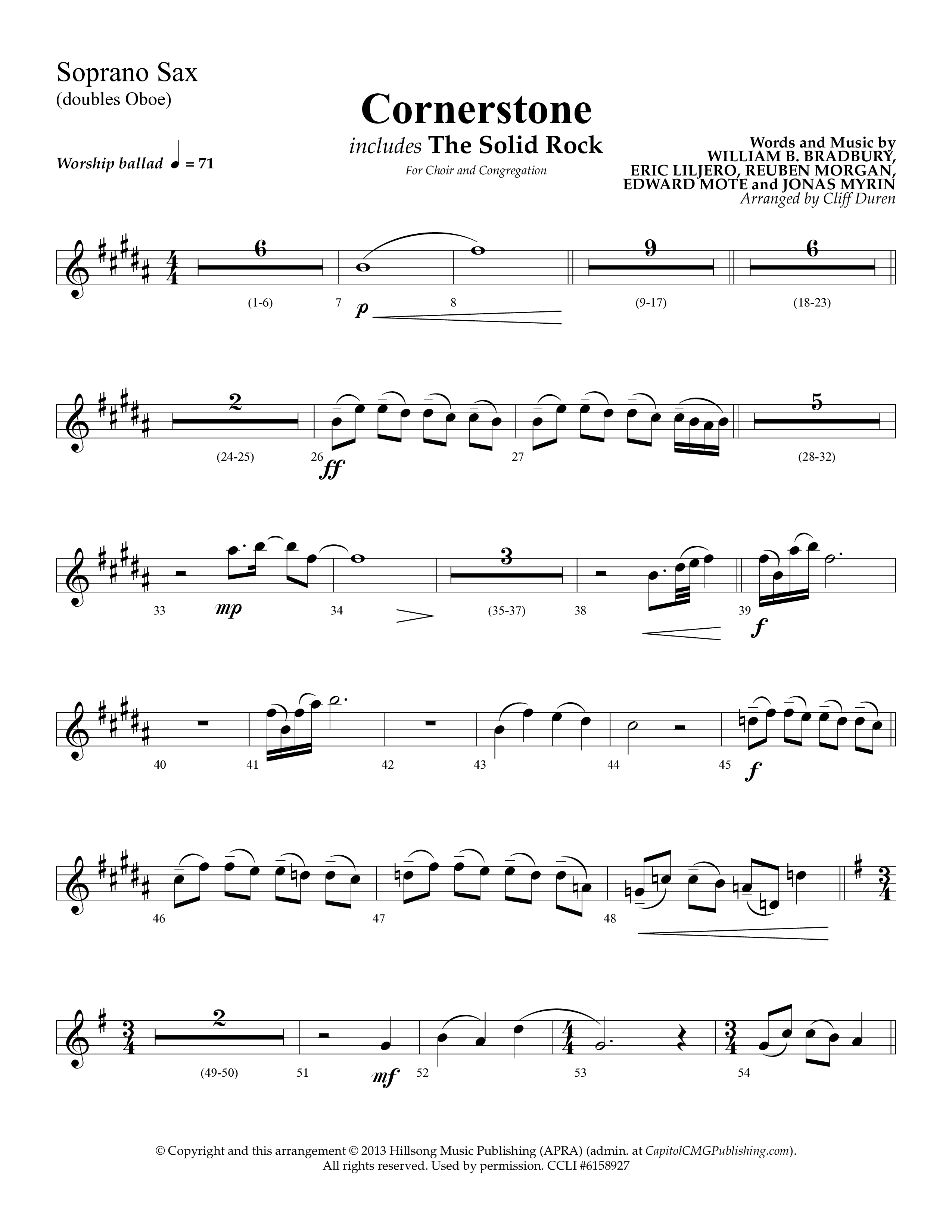 Cornerstone (with The Solid Rock) (Choral Anthem SATB) Soprano Sax (Lifeway Choral / Arr. Cliff Duren)
